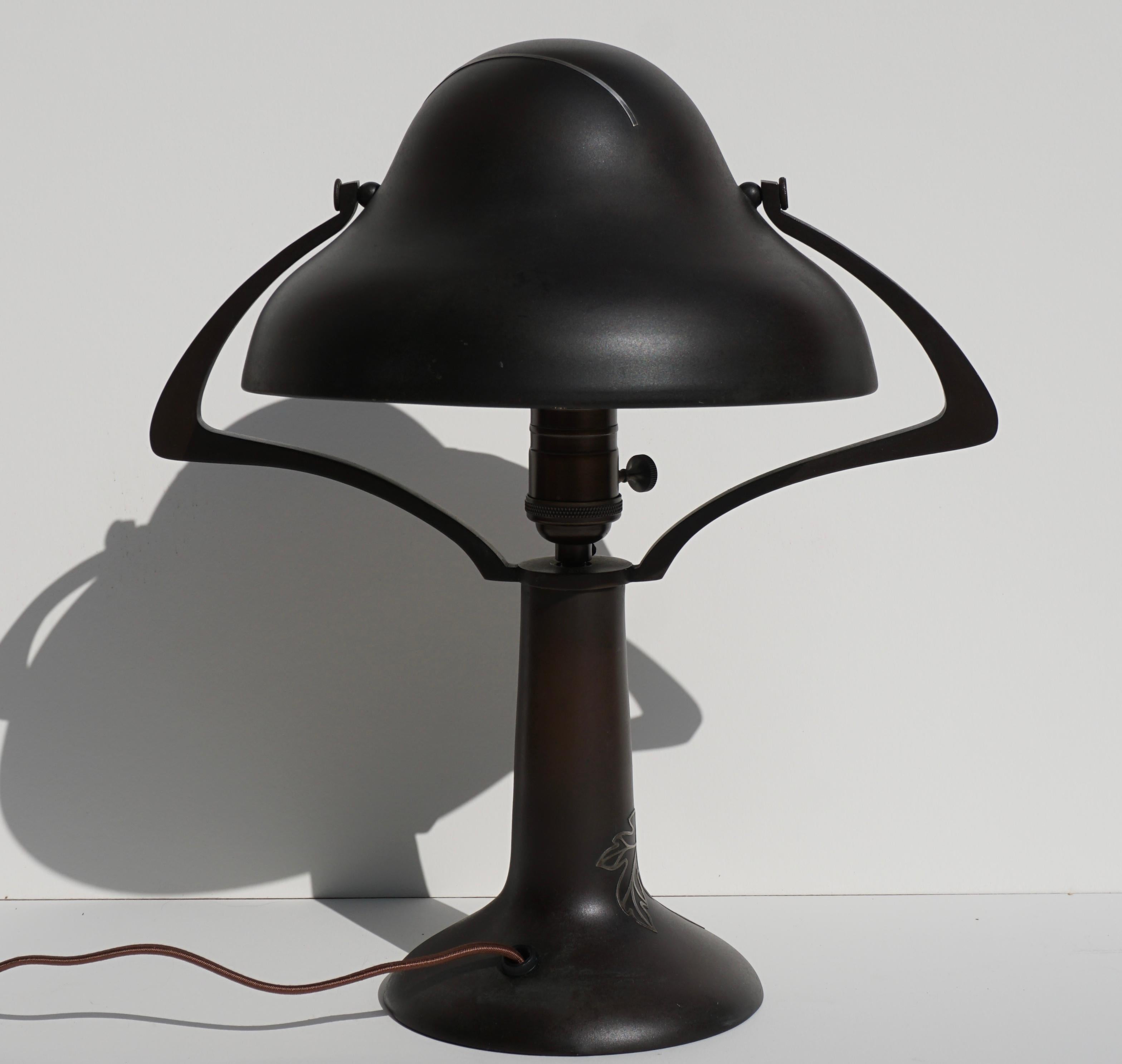 American Art Deco Heintz Bronze Silver Overlay Arts & Crafts Table Lamp