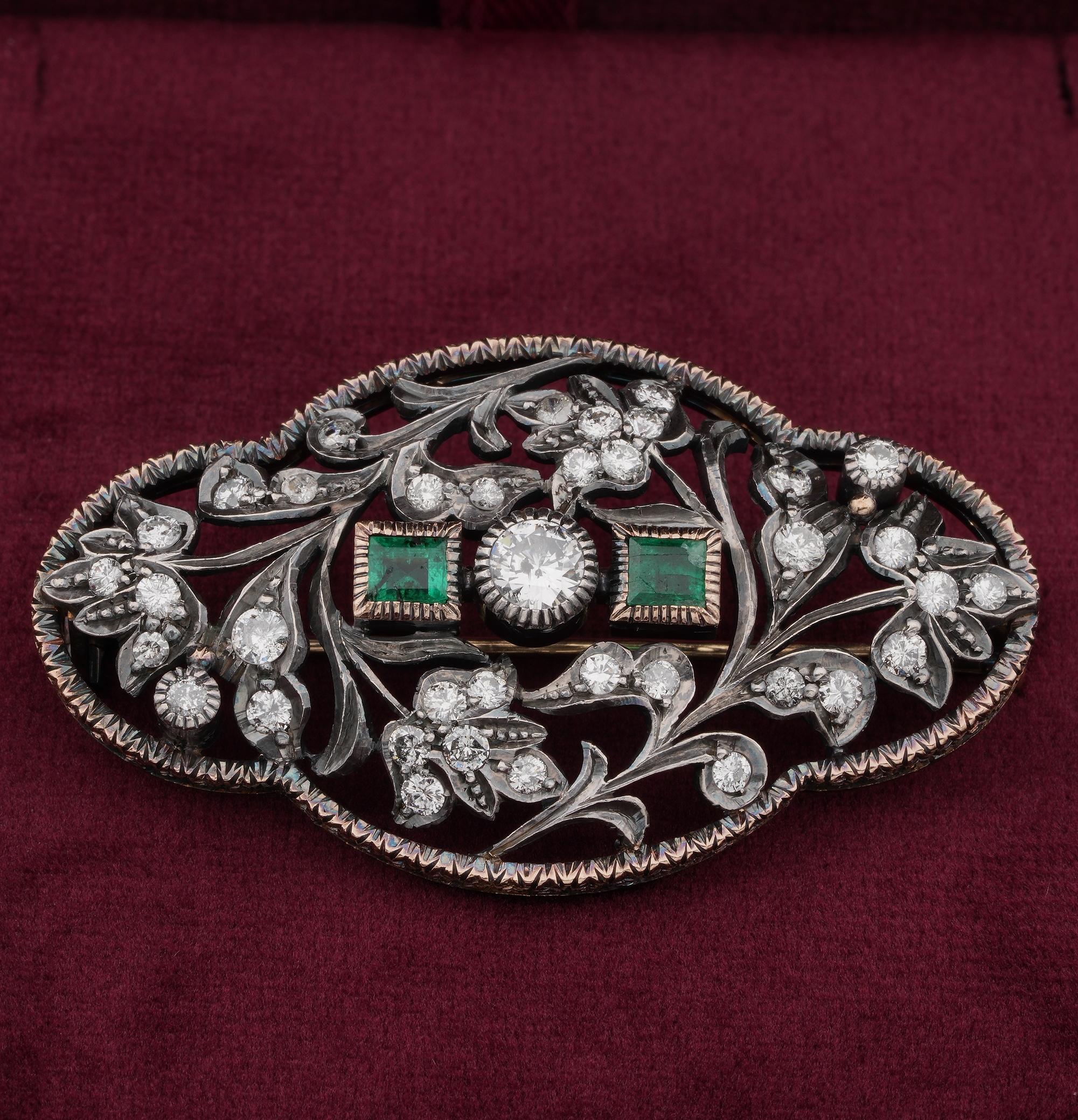Signature of Past Times

An original 1935 Art Deco Diamond and Emerald panel Brooch
Large and remarkable displaying Diamonds and Emeralds among a tridimensional foliate work
Hand crafted of solid 18 KT gold with silver portions- marked
Set