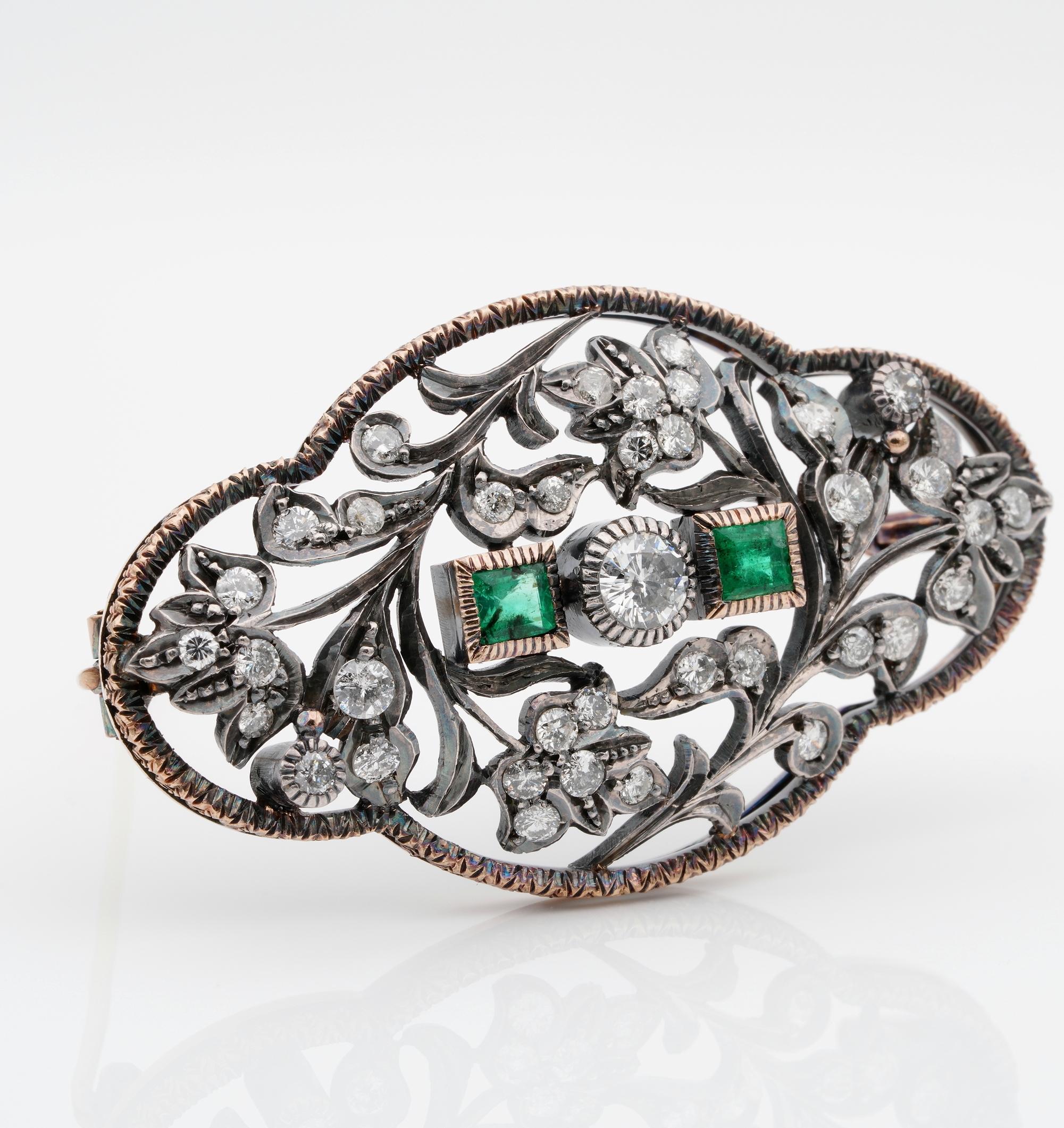 Emerald Cut Art Deco Heirloom 2.50 Carat Diamond and Emerald Brooch For Sale