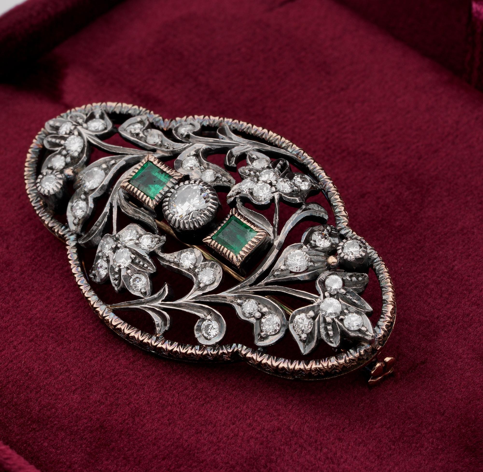 Art Deco Heirloom 2.50 Carat Diamond and Emerald Brooch For Sale 1