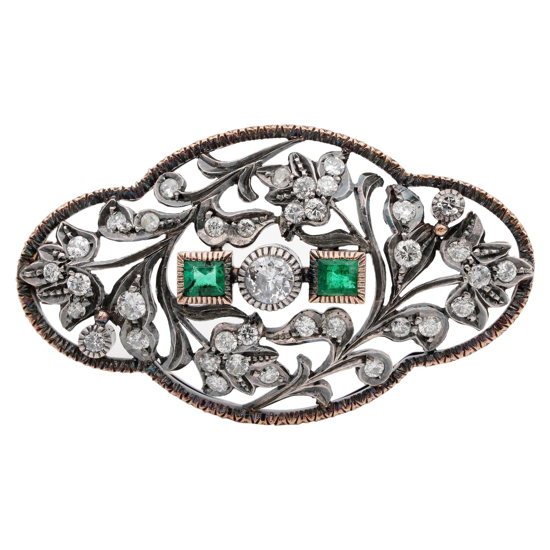 Art Deco Heirloom 2.50 Carat Diamond and Emerald Brooch For Sale