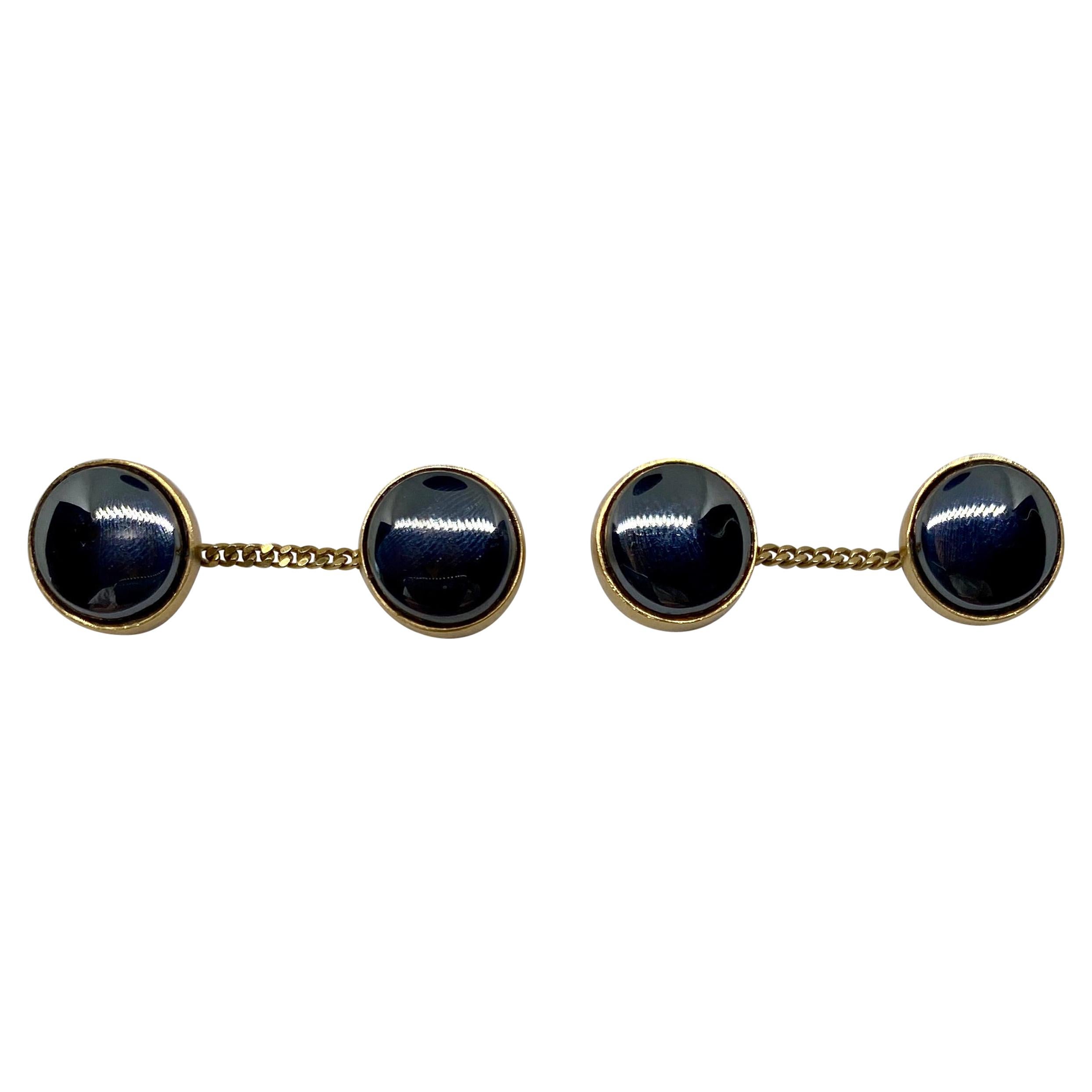 Art Deco Hematite Cufflinks in 14 Karat Yellow Gold with Long Chain Connectors For Sale