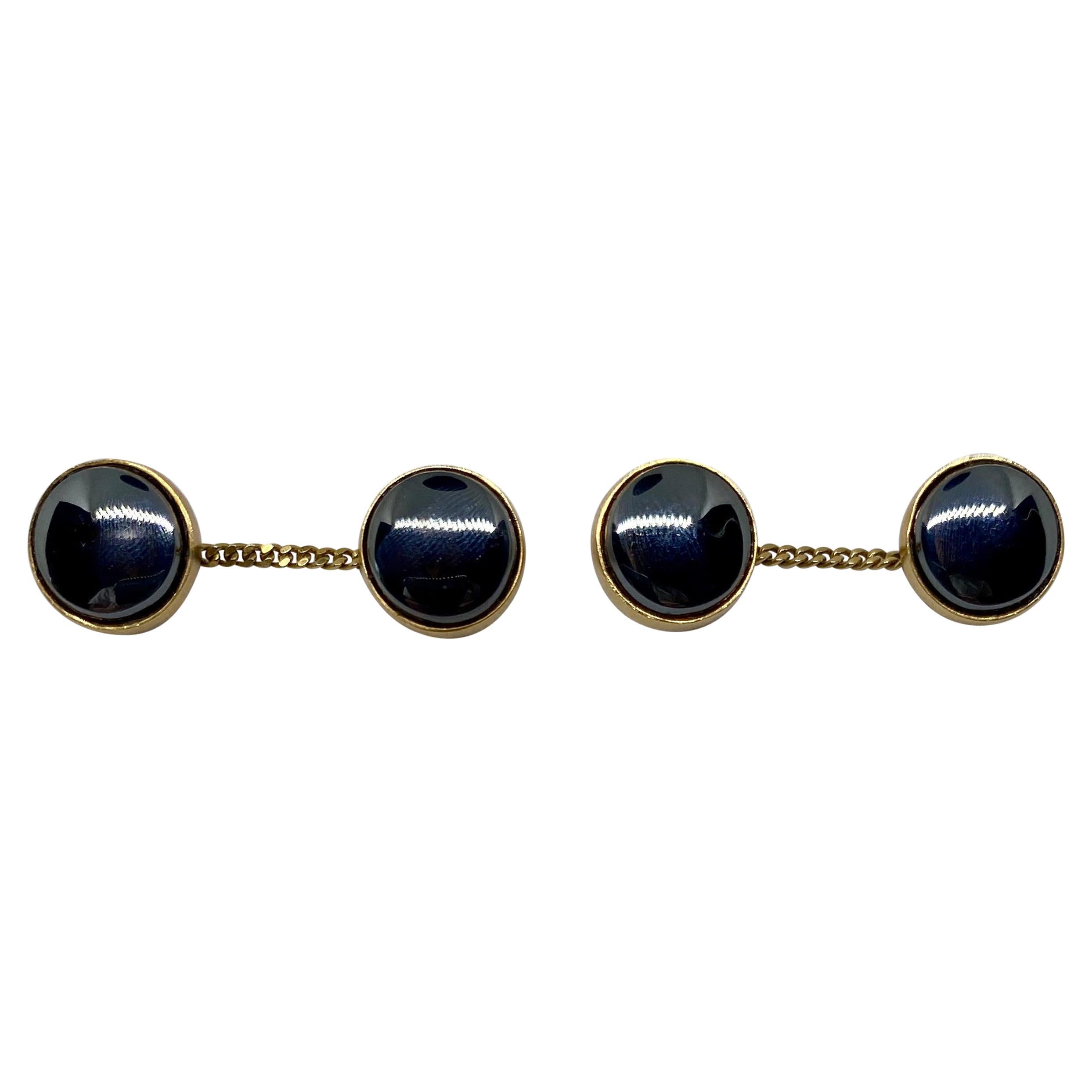 Art Deco Hematite Cufflinks in 14 Karat Yellow Gold with Long Chain Connectors