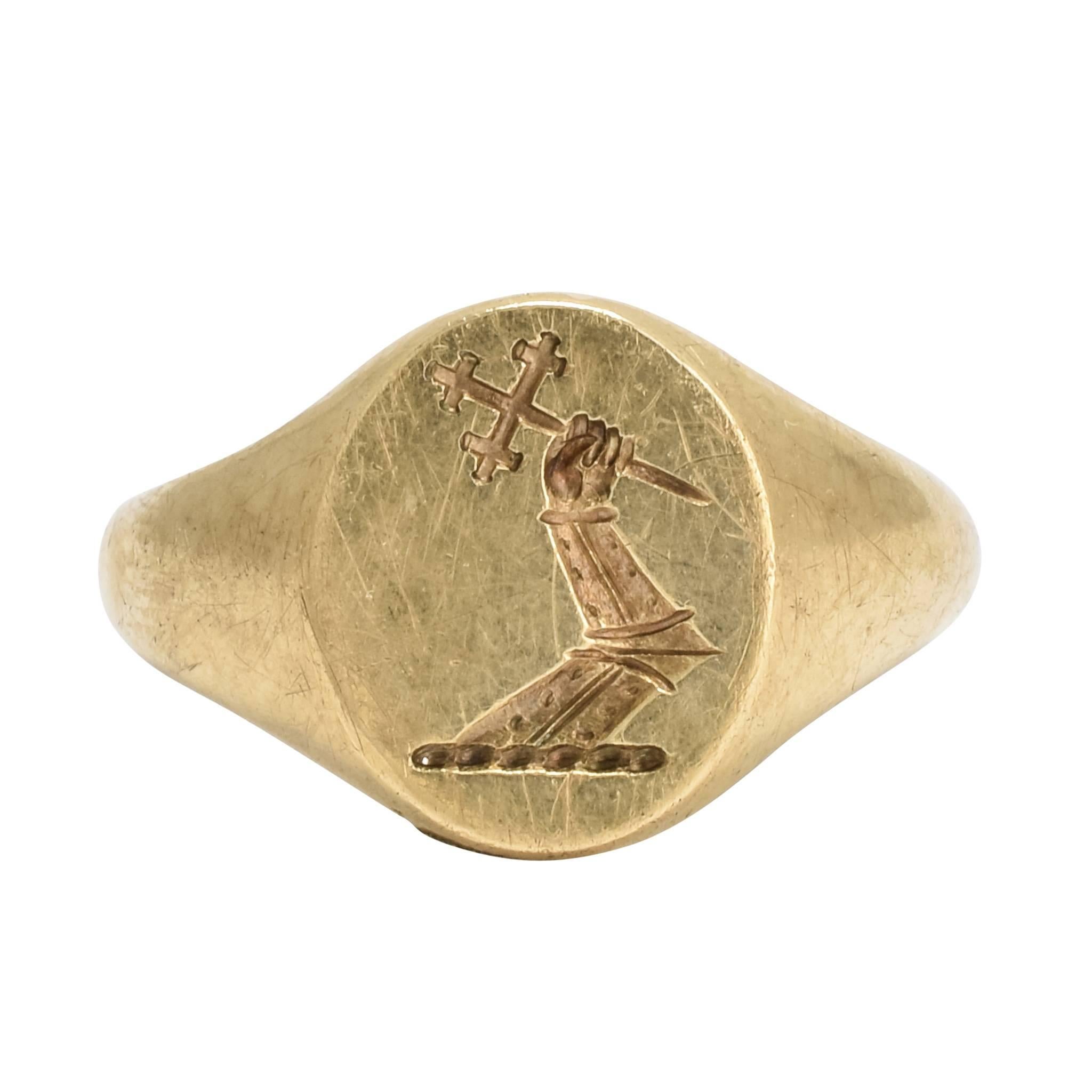 Art Deco Heraldic Intaglio Gold Signet Ring by Deakin & Frances