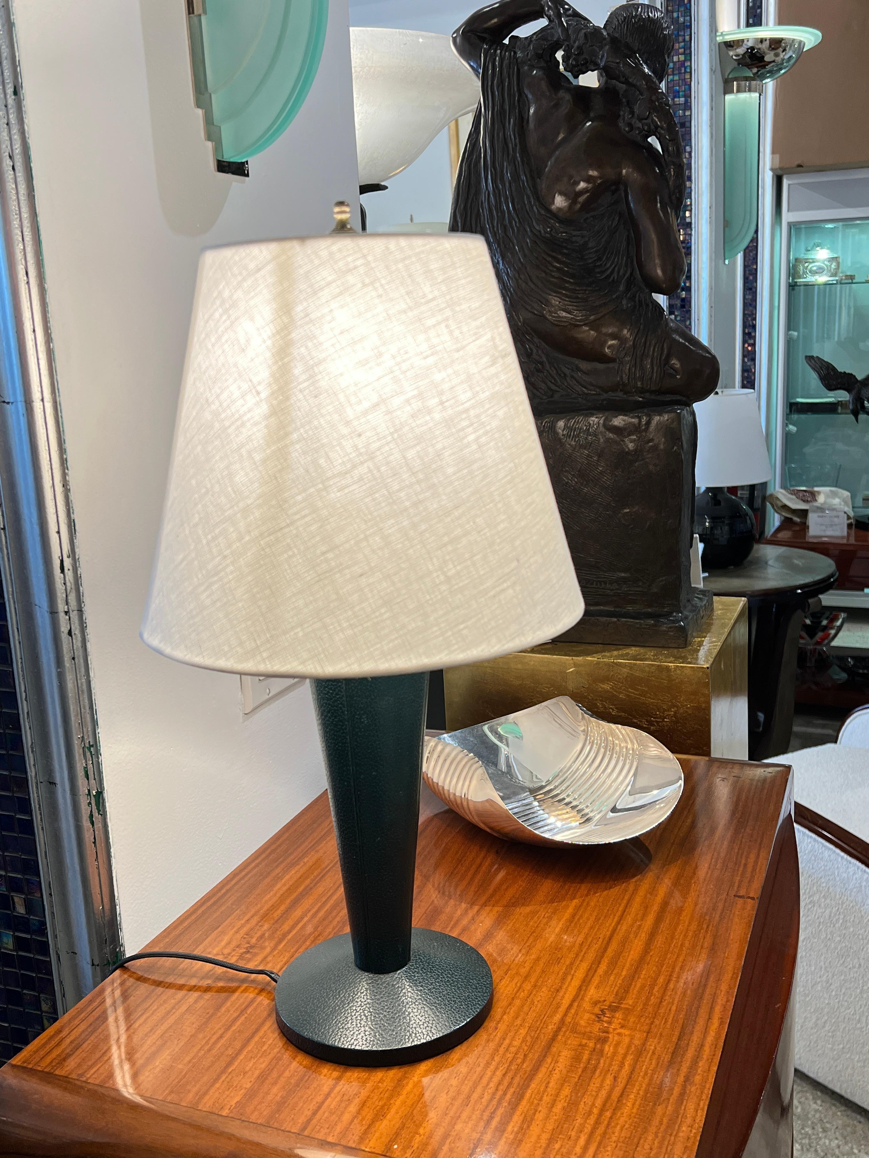 French Art Deco Hermes Green Leather Table Lamp For Sale