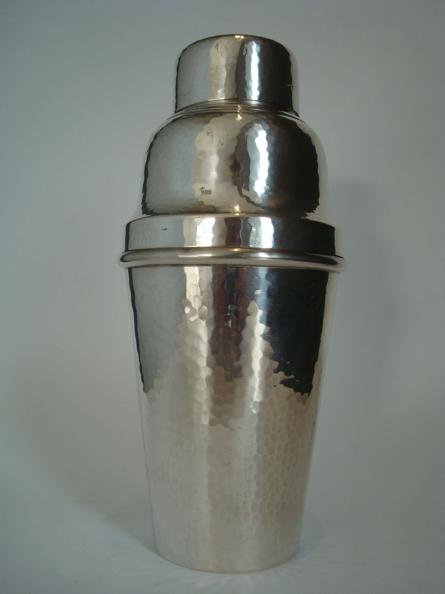 An incredibly rare and extremely collectable Hermes silver cocktail shaker.
Art Deco Hermes Paris hammered silver cocktail shaker, 1930, France.
Marked 800 (silver) in several places and marked Hermes Paris under it.
Very good conditions.