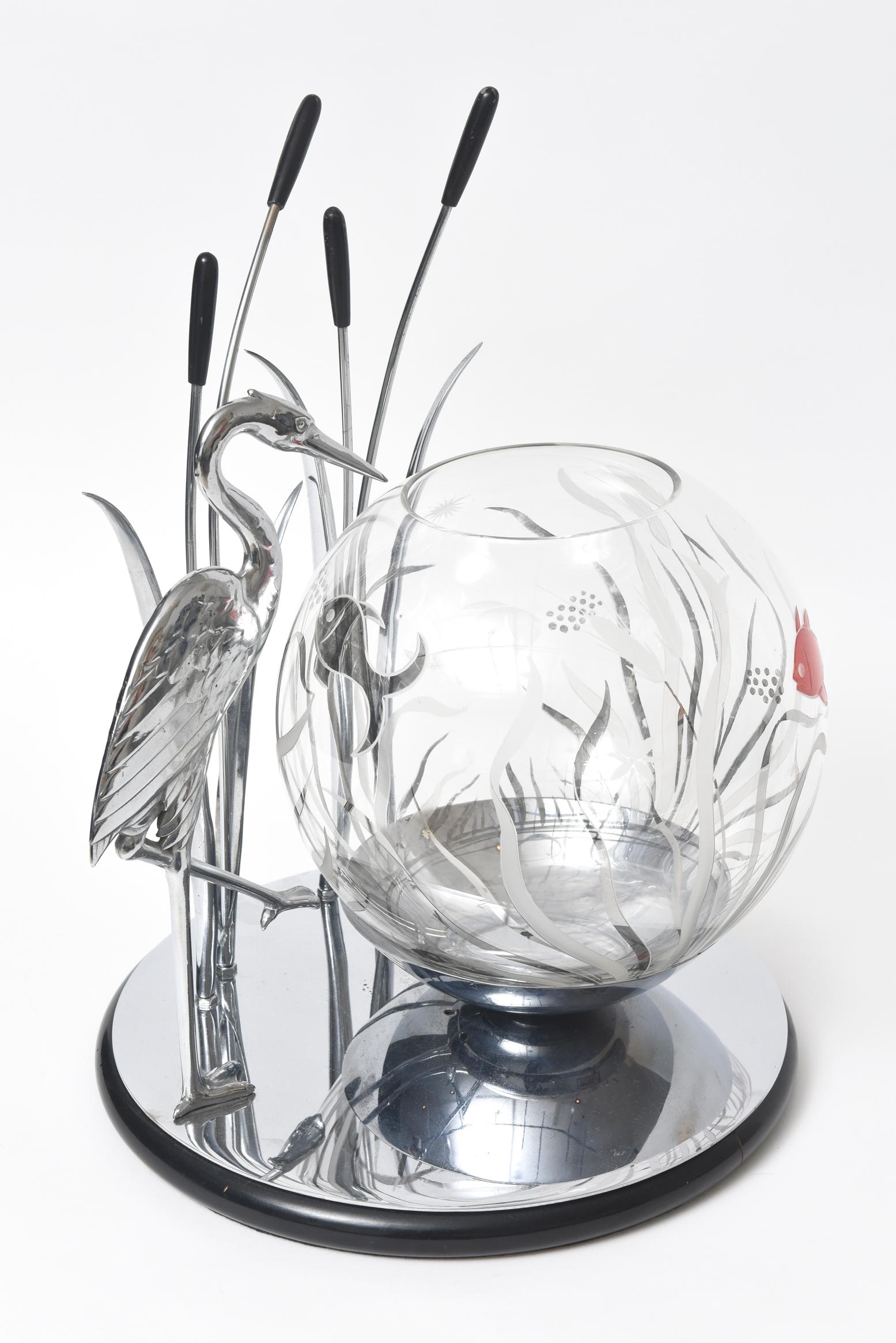 Art Deco Heron Bird and Cattails Chrome Sculpture with Glass Fish Bowl Aquarium For Sale 1