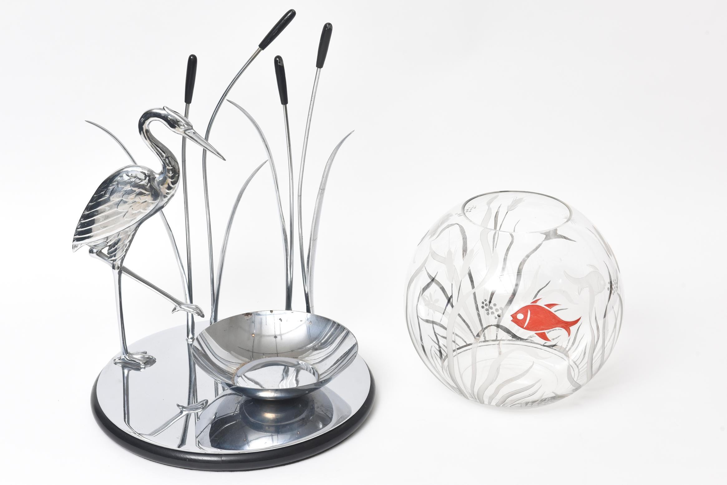 Art Deco Heron Bird and Cattails Chrome Sculpture with Glass Fish Bowl Aquarium For Sale 2