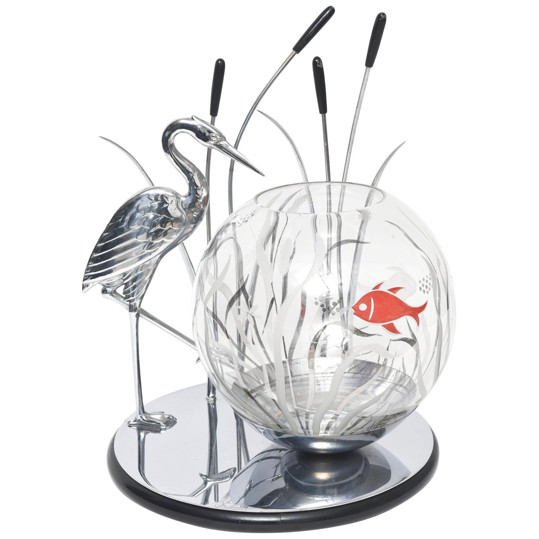 Art Deco Heron Bird and Cattails Chrome Sculpture with Glass Fish Bowl Aquarium