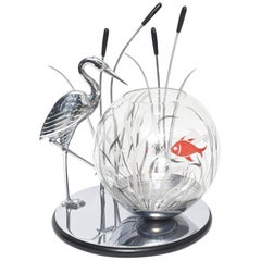 Used Art Deco Heron Bird and Cattails Chrome Sculpture with Glass Fish Bowl Aquarium