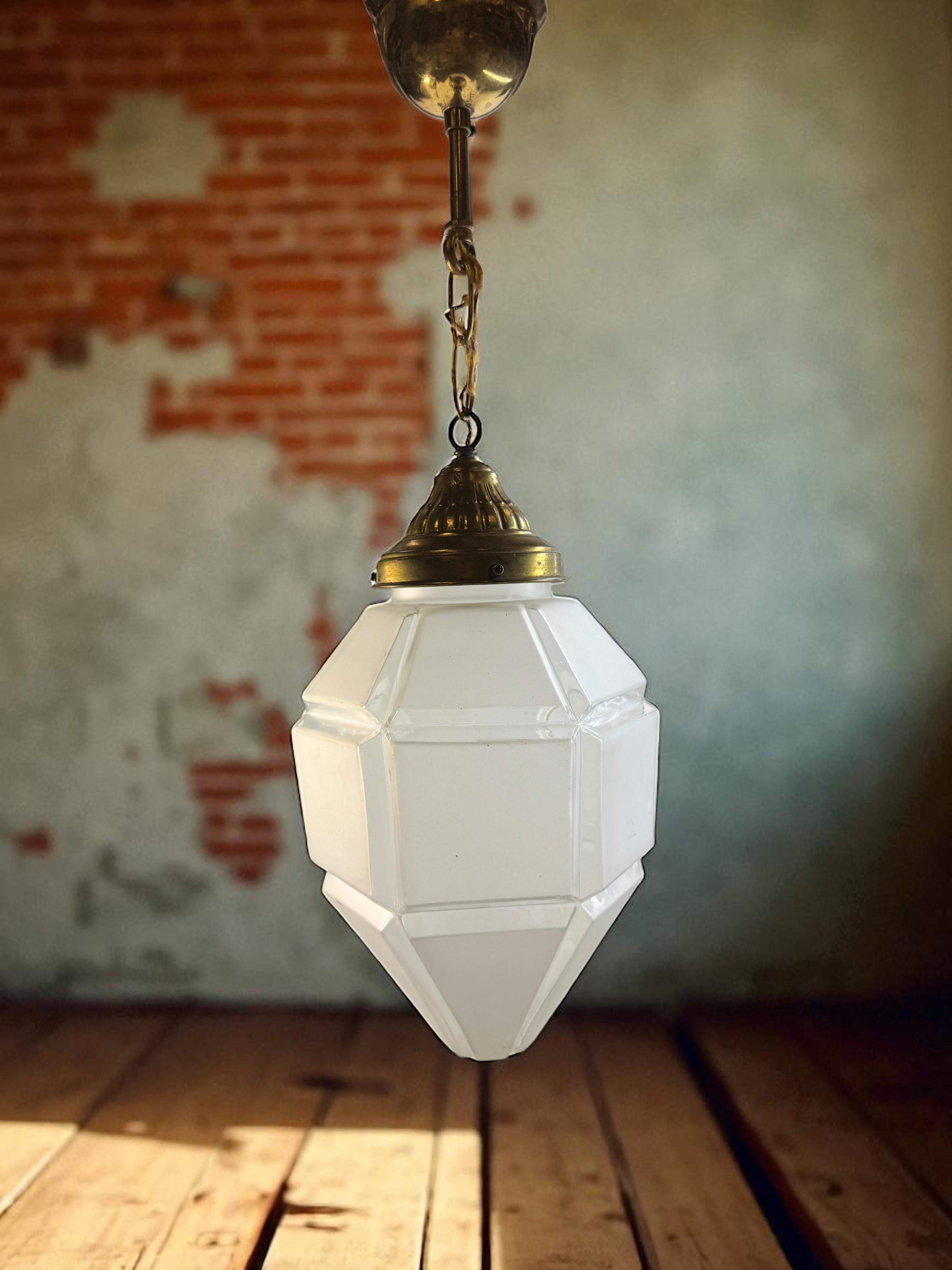 Art deco Hexagonal Frosted Glass Pendant Light 1920s Belgium For Sale 3