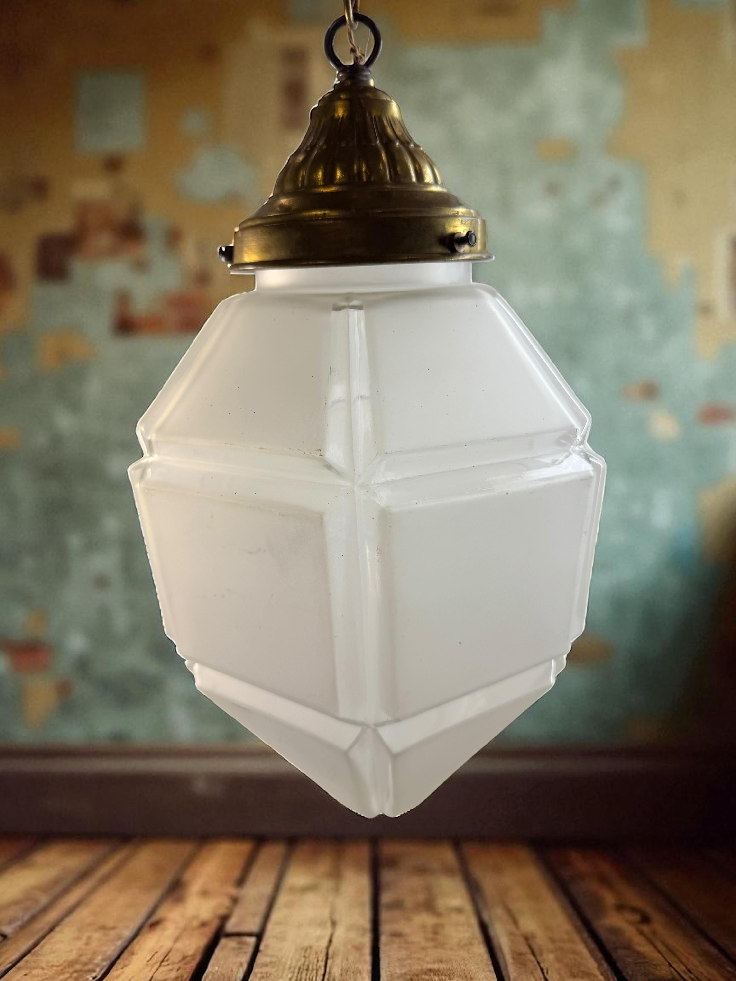 Art deco Hexagonal Frosted Glass Pendant Light 1920s Belgium For Sale 4