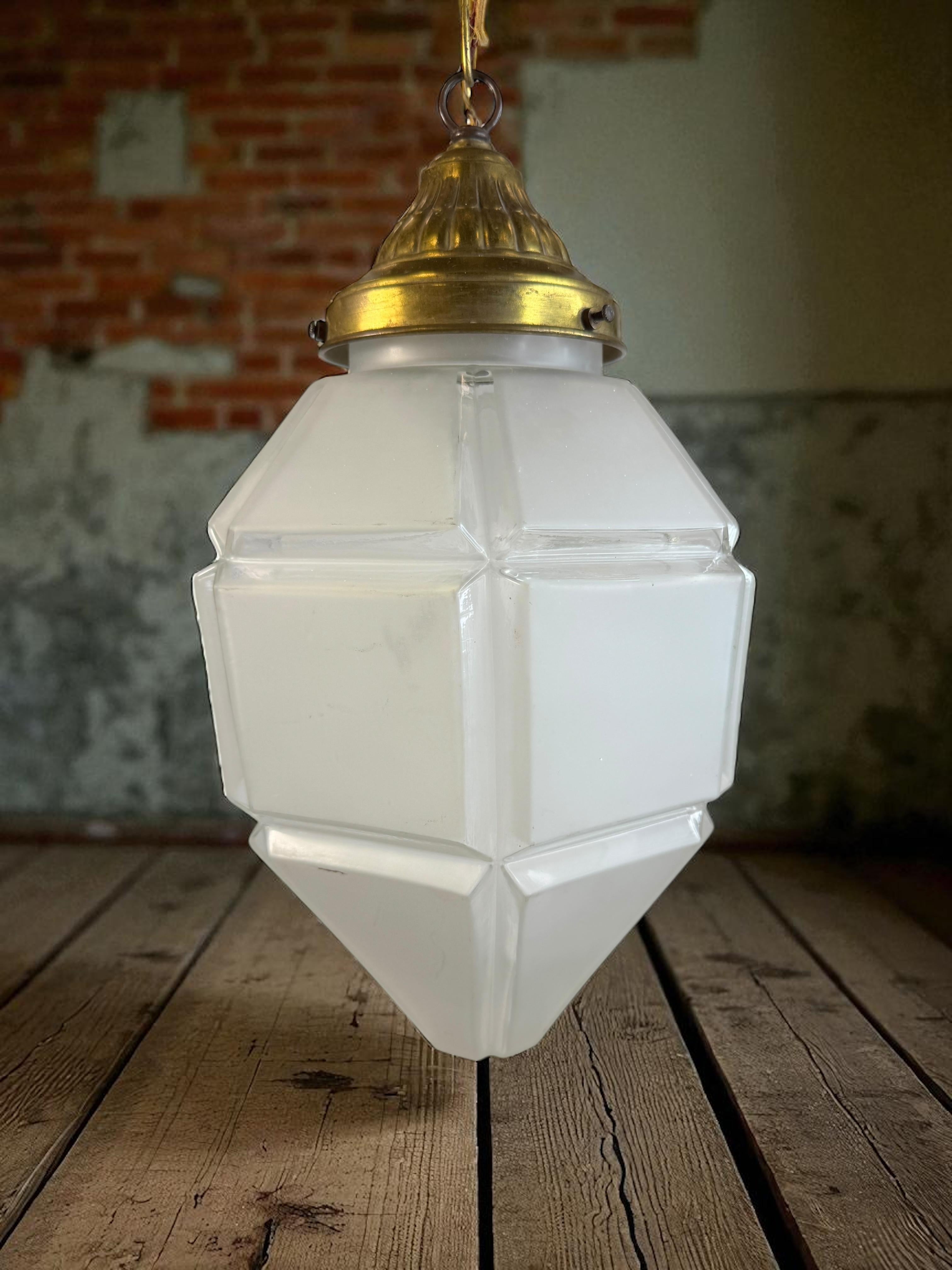 Art deco Hexagonal Frosted Glass Pendant Light 1920s Belgium For Sale 5