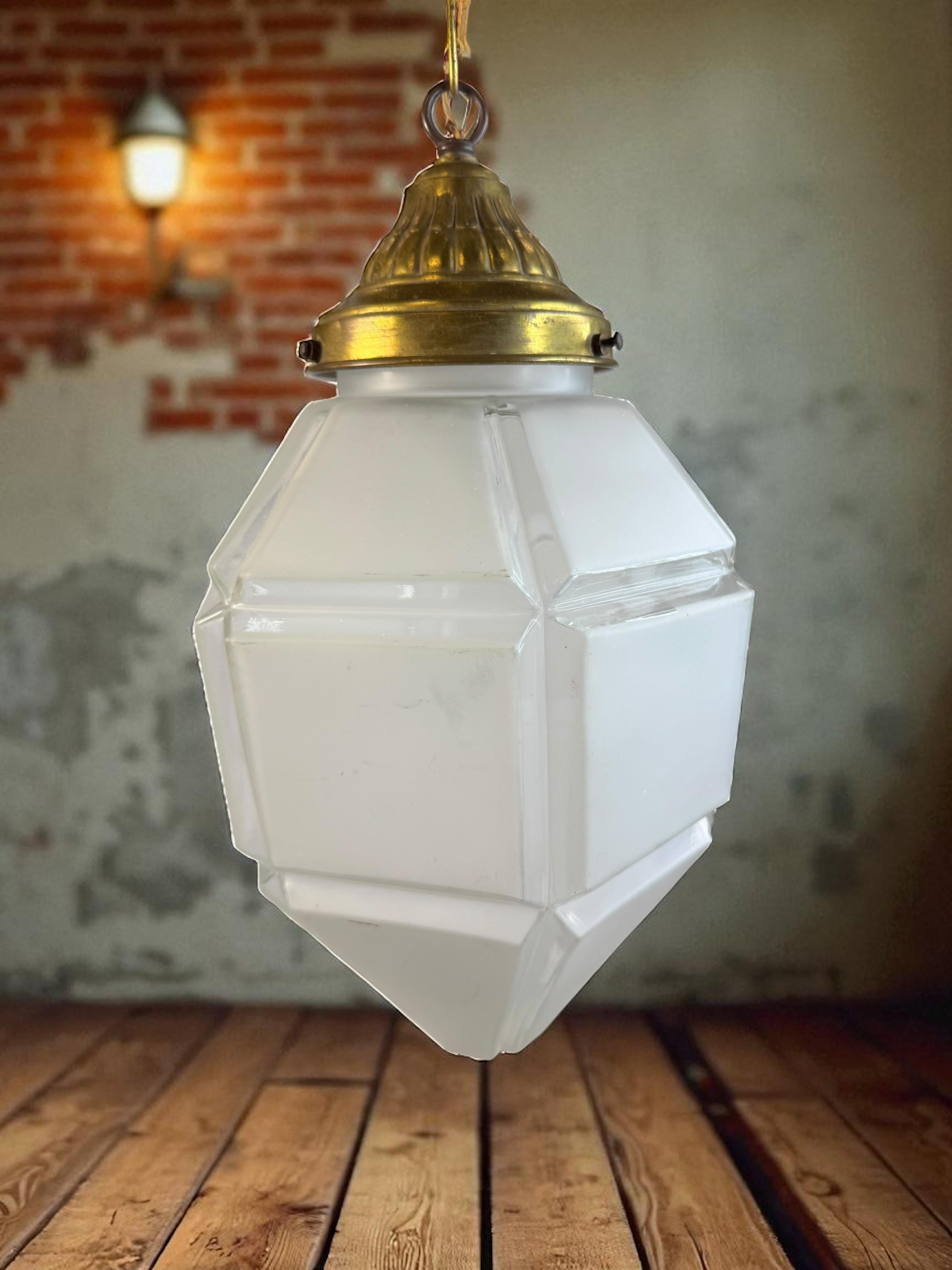 Art deco Hexagonal Frosted Glass Pendant Light 1920s Belgium For Sale 8