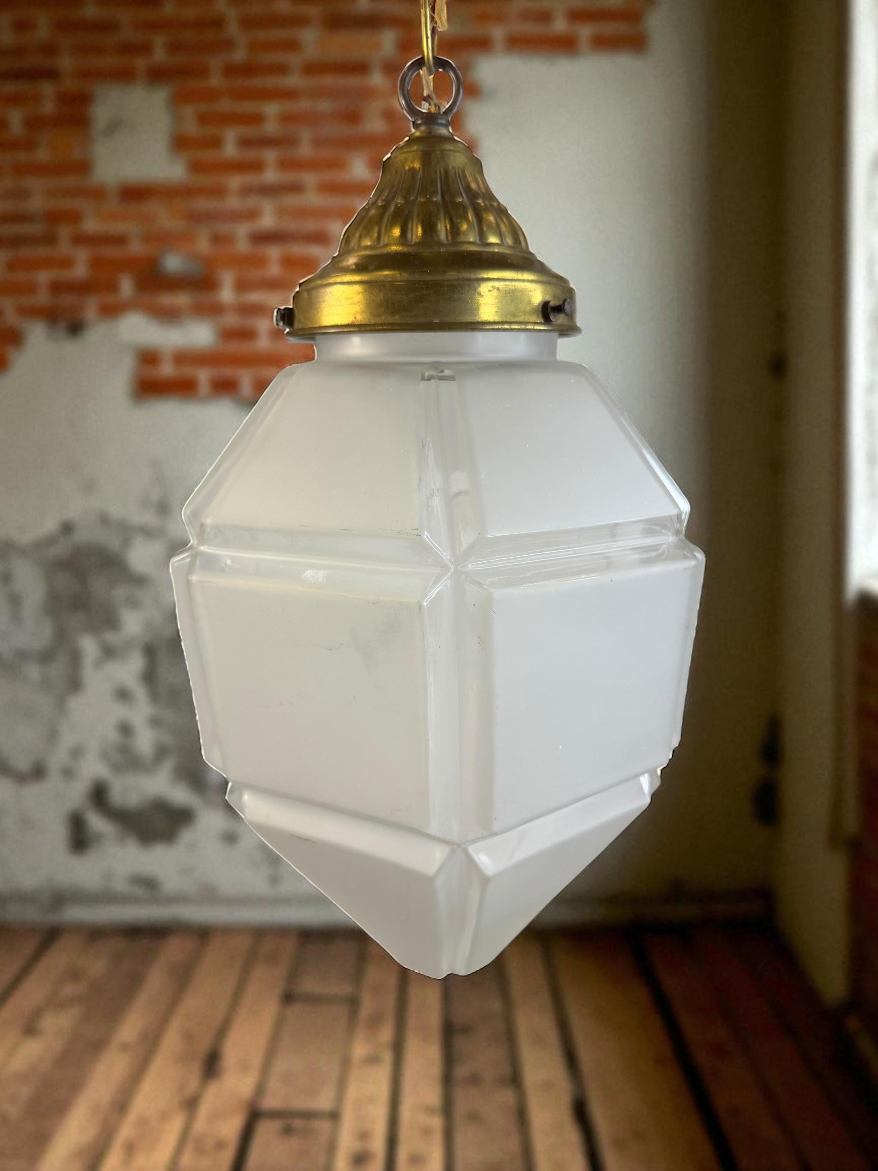 Art deco Hexagonal Frosted Glass Pendant Light 1920s Belgium For Sale 9