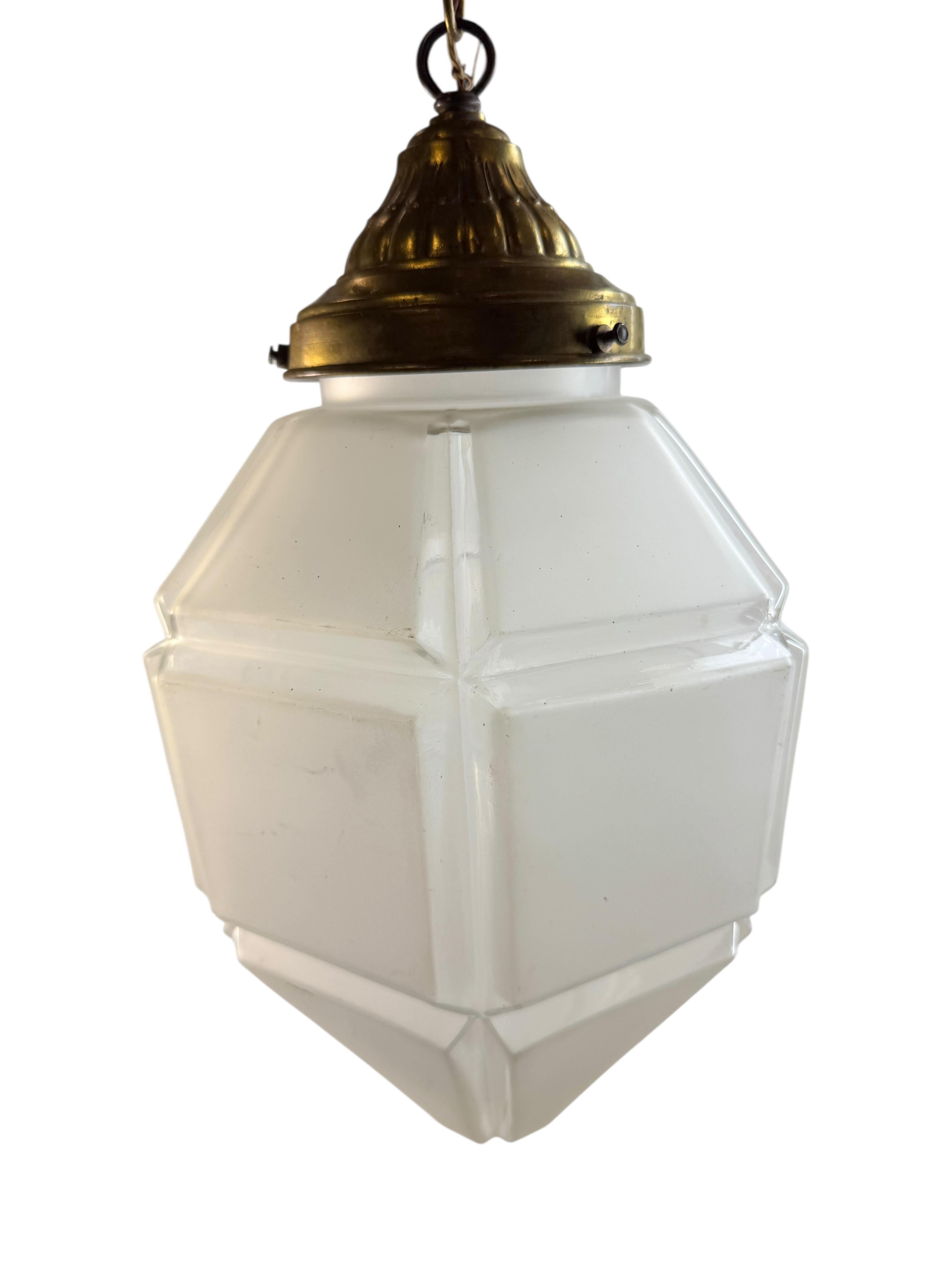 Art Deco Art deco Hexagonal Frosted Glass Pendant Light 1920s Belgium For Sale