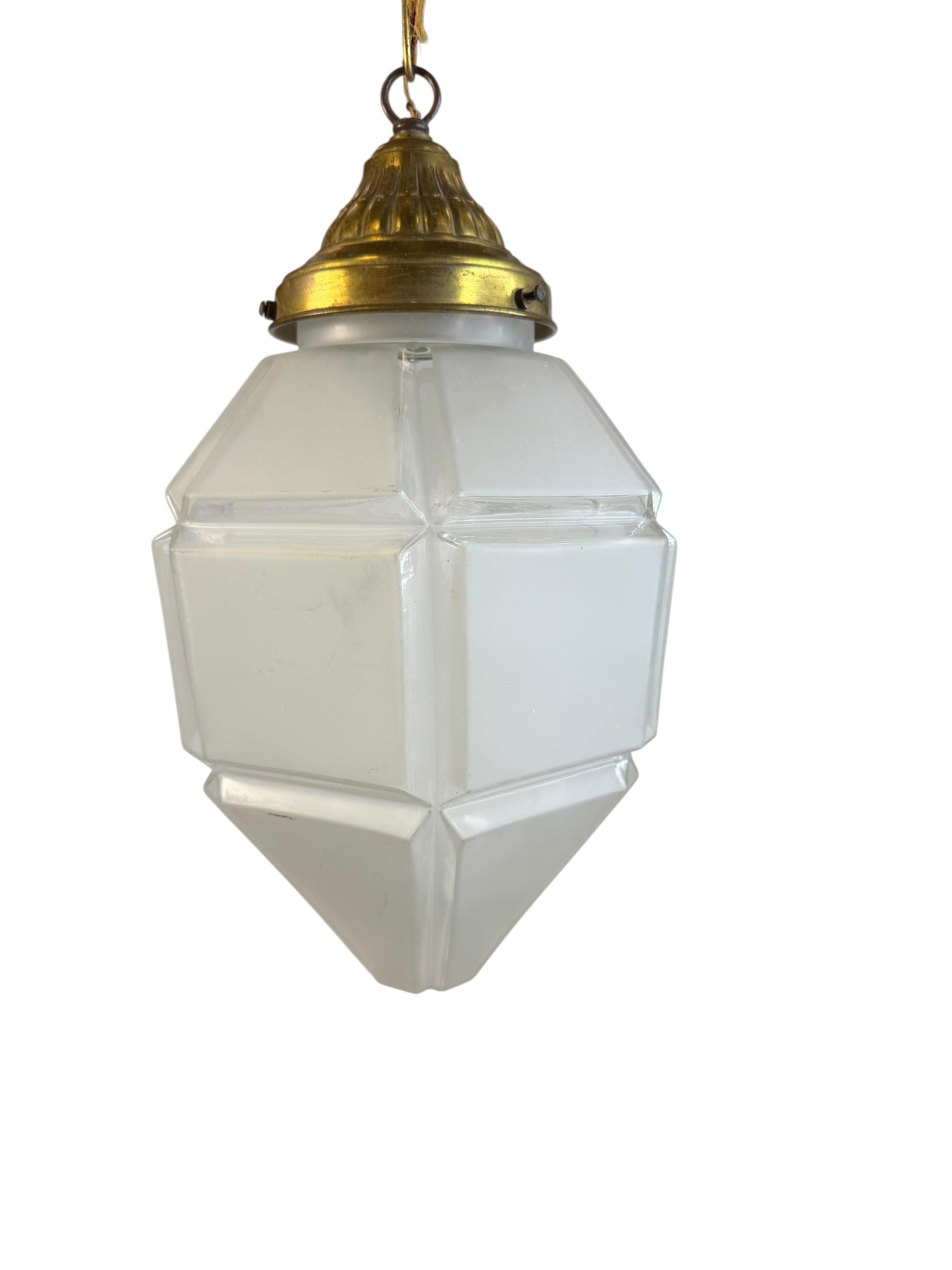 German Art deco Hexagonal Frosted Glass Pendant Light 1920s Belgium For Sale