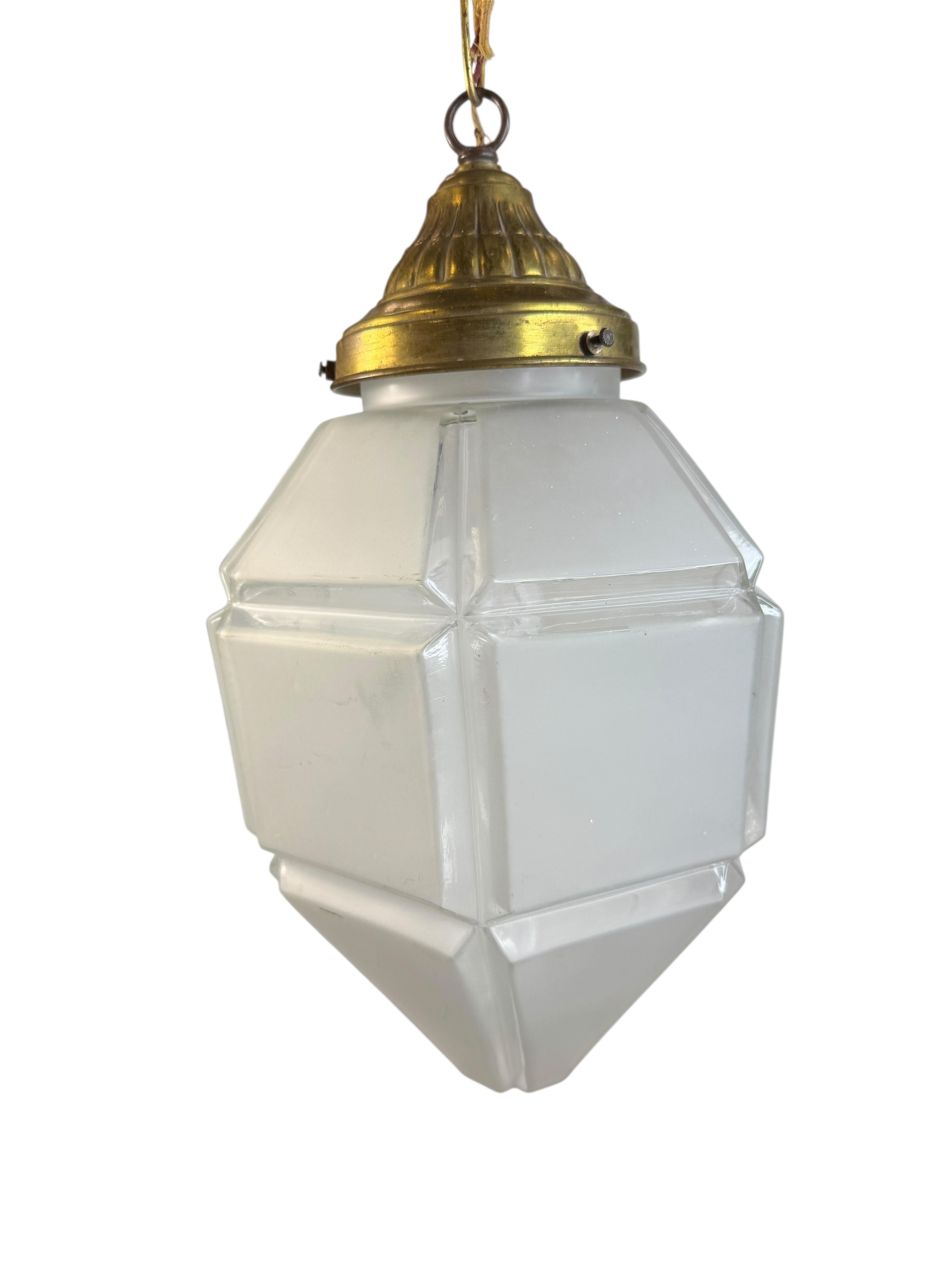 Early 20th Century Art deco Hexagonal Frosted Glass Pendant Light 1920s Belgium For Sale