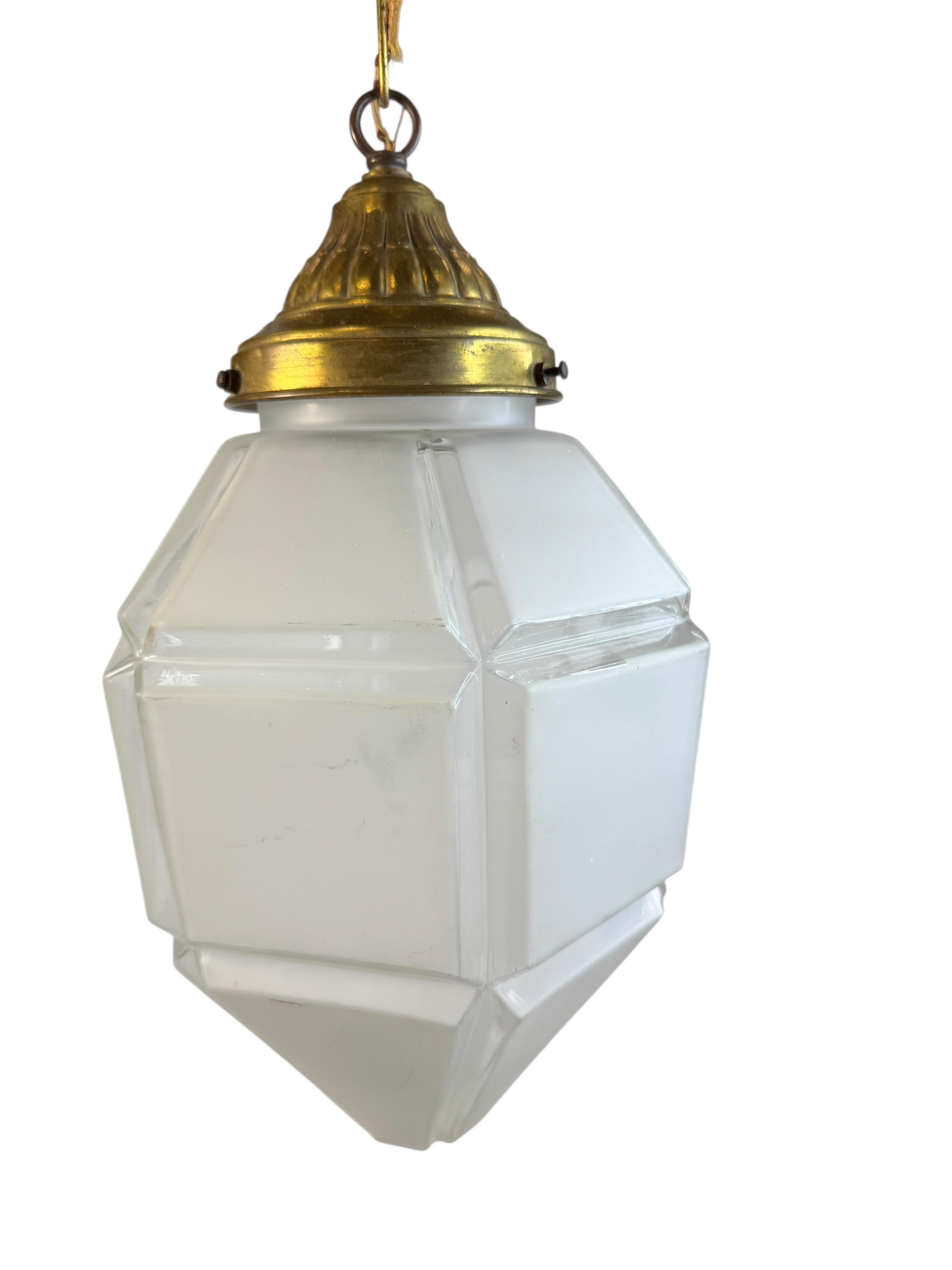 Metal Art deco Hexagonal Frosted Glass Pendant Light 1920s Belgium For Sale