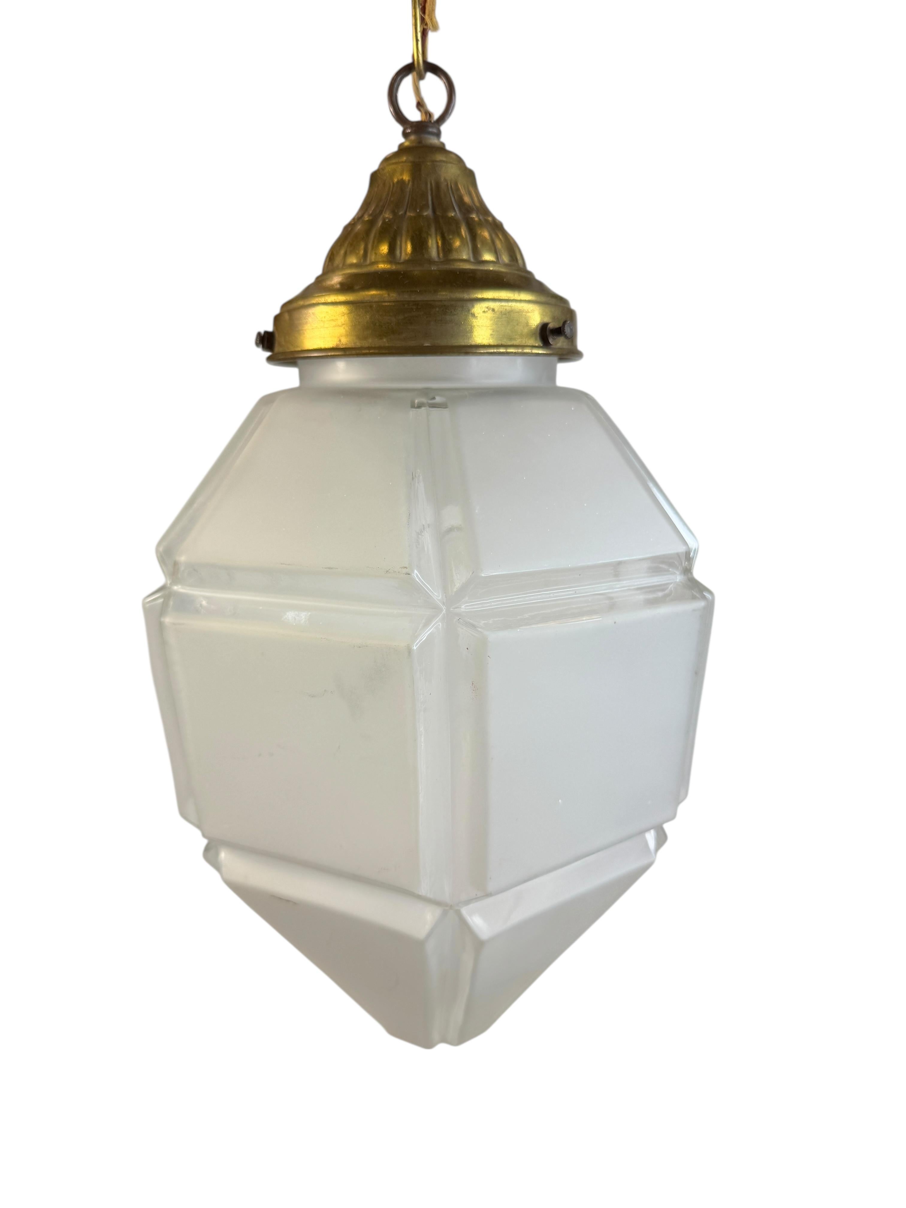 Art deco Hexagonal Frosted Glass Pendant Light 1920s Belgium For Sale 1