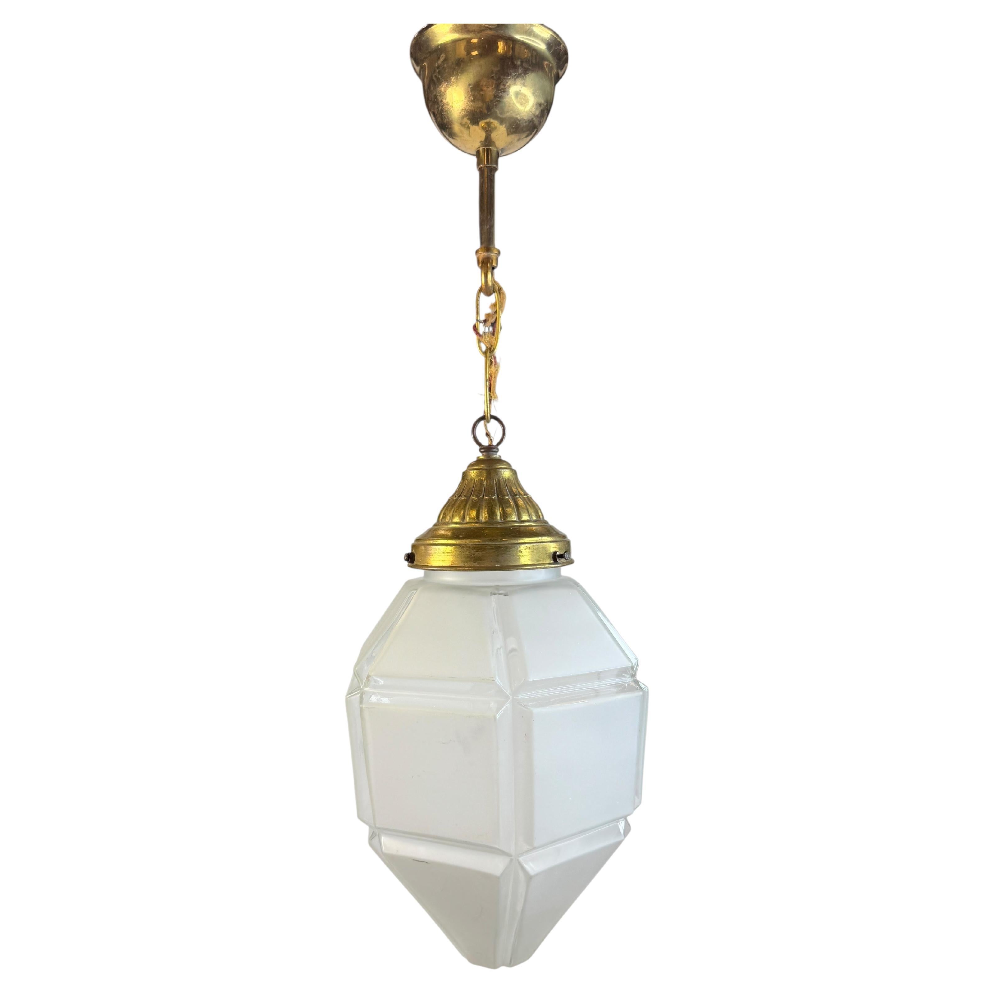 Art deco Hexagonal Frosted Glass Pendant Light 1920s Belgium