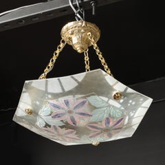 Art Deco Hexagonal Frosted & Pressed Glass Pendant w/ Floral Details signed BHV