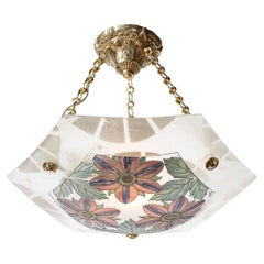 Art Deco Hexagonal Frosted & Pressed Glass Pendant w/ Floral Details signed BHV