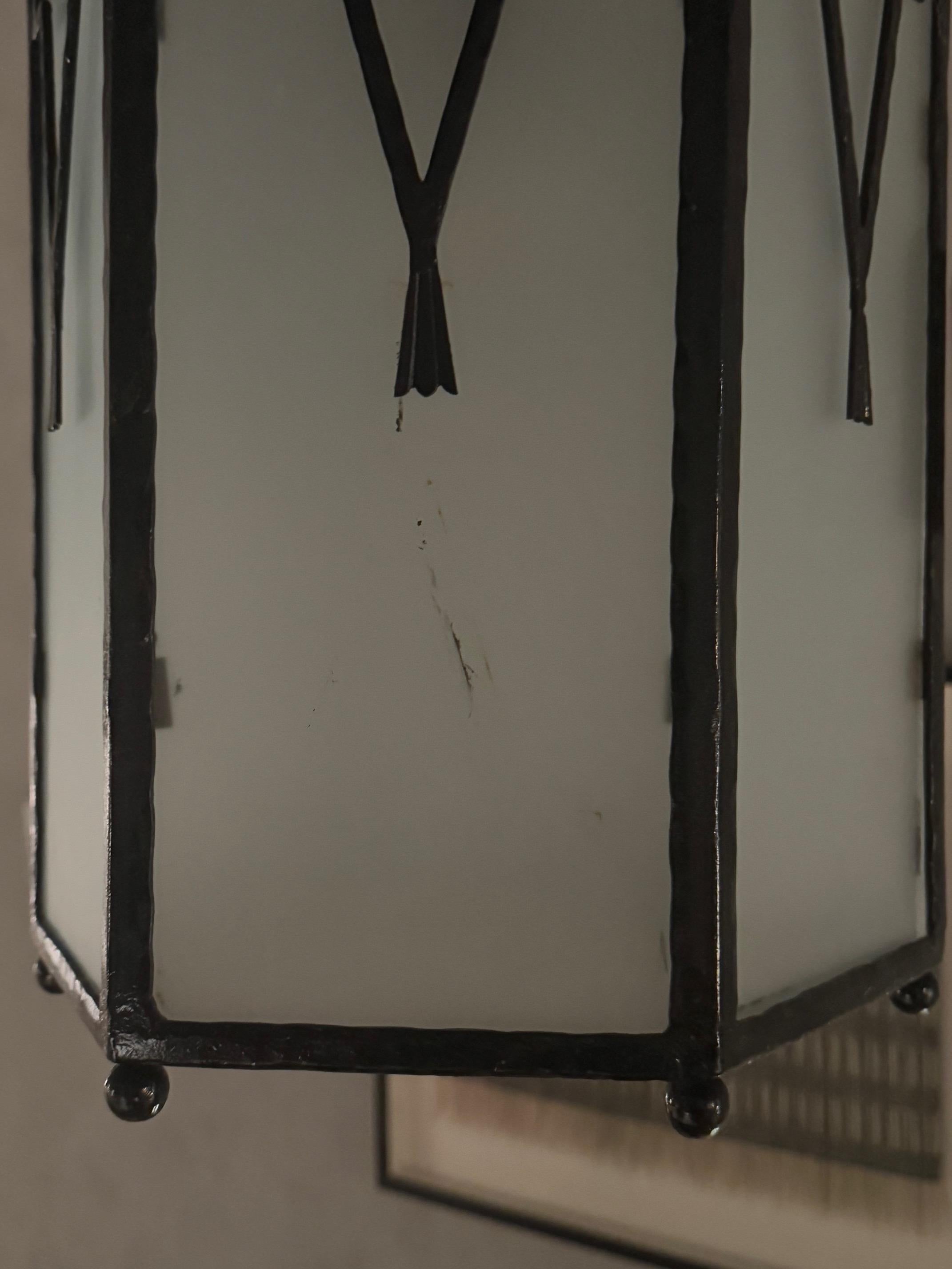 French Art Deco Hexagonal Lantern Black Enamel with Chinoiserie details For Sale