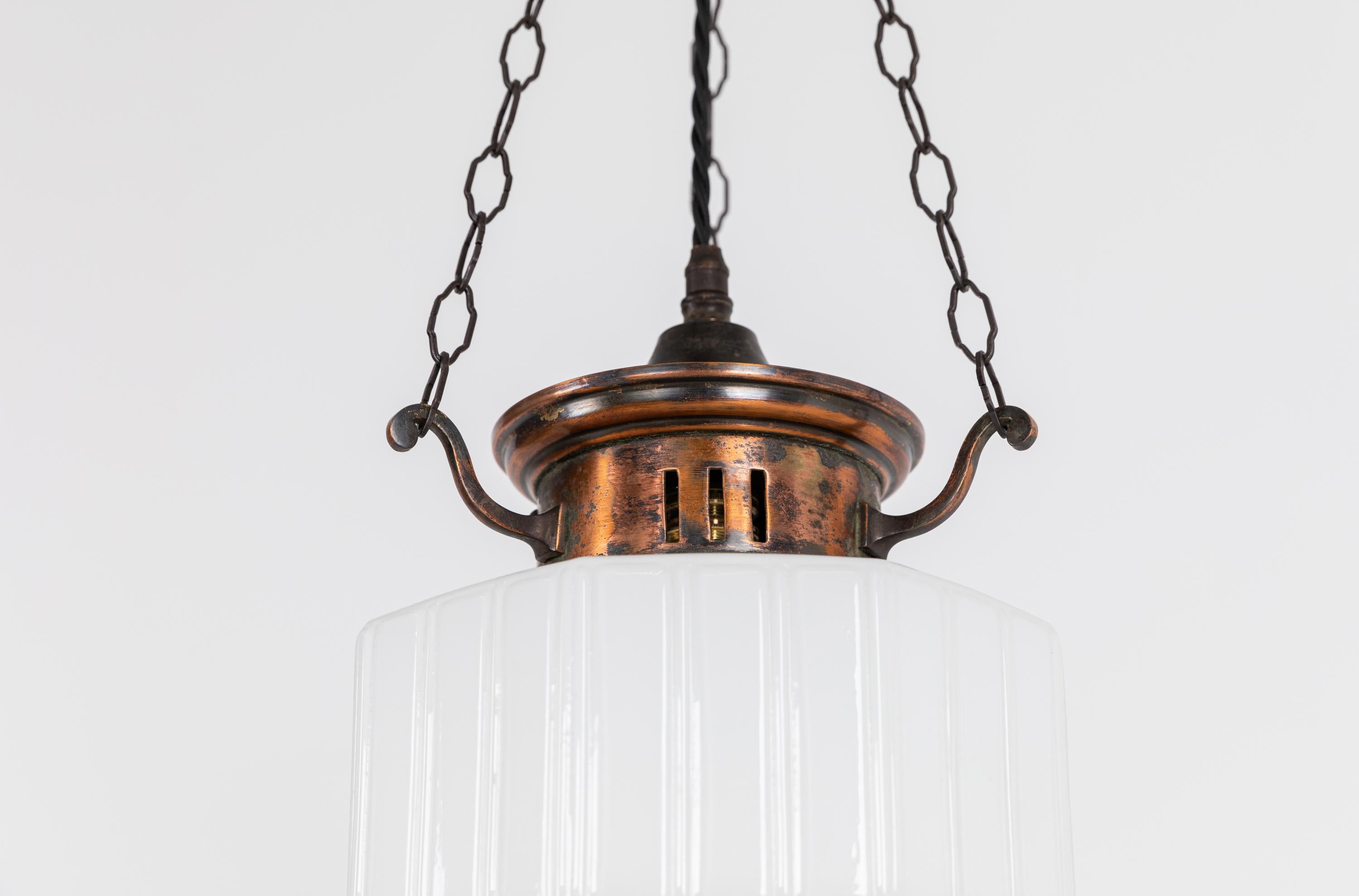 English Art Deco Hexagonal Opaline Glass Pendant Lamp with Copper Gallery, C.1920 For Sale