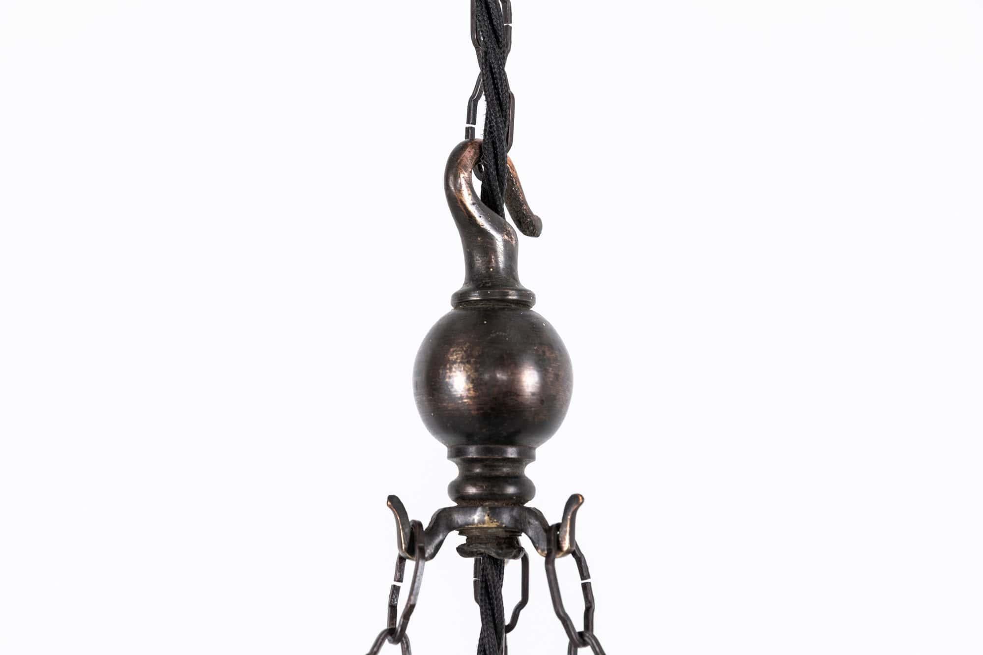 Lámpara Colgante Art Decó de Cristal Opalino Hexagonal con Galería de Cobre, C.1920 Inglés en venta