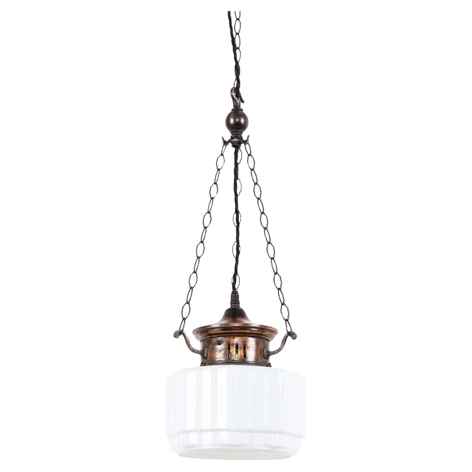 Art Deco Hexagonal Opaline Glass Pendant Lamp with Copper Gallery, C.1920