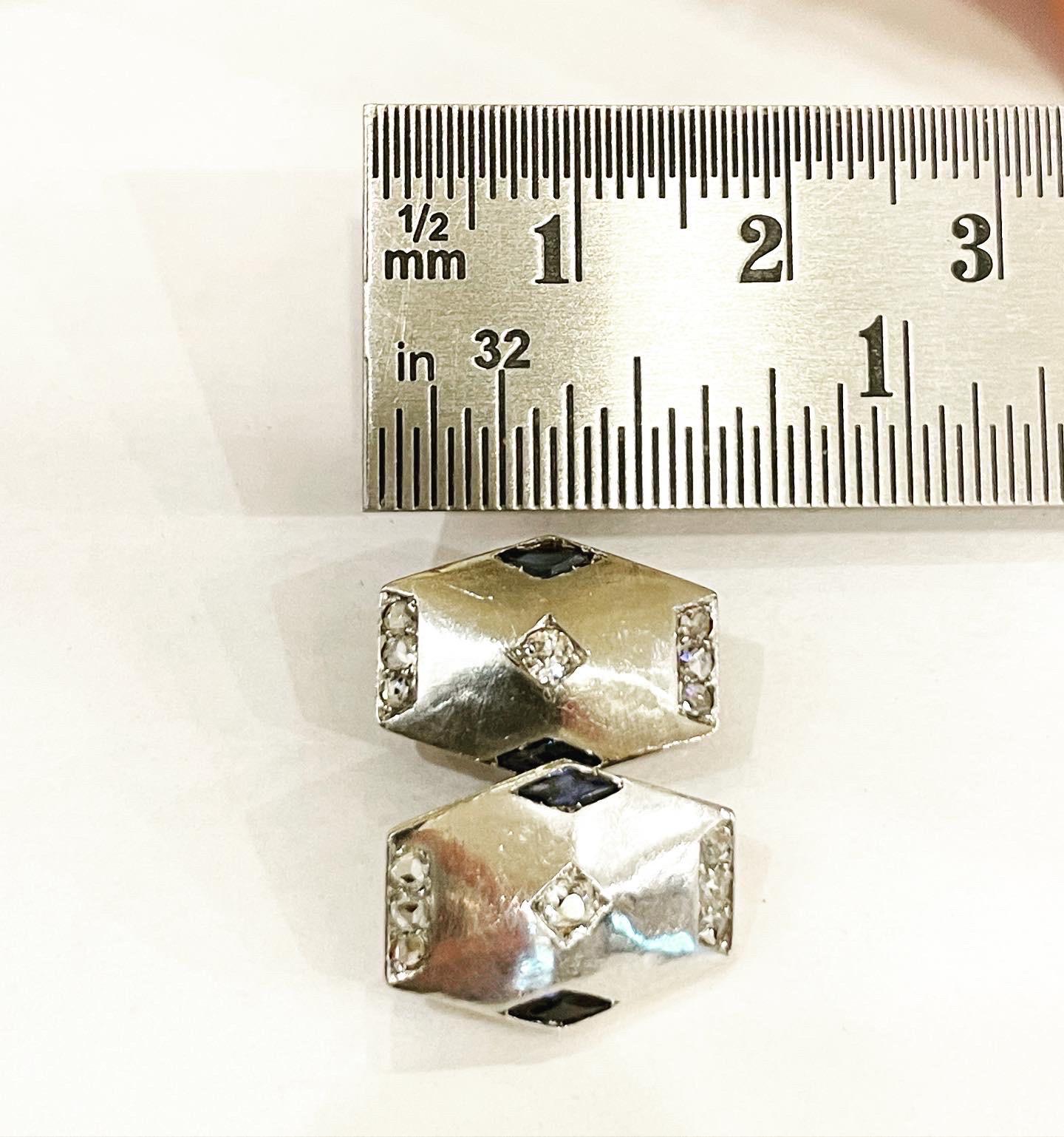 Art Deco Hexagonal Rose Cut Diamonds Sapphire Platinum Yellow Gold Cufflinks For Sale 7