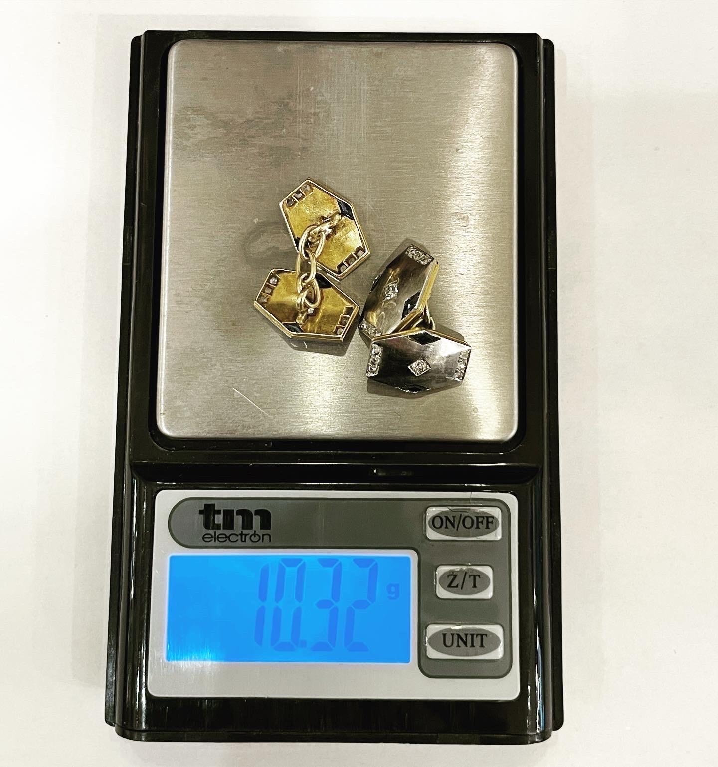 Sechseckige Art-déco-Manschettenknöpfe aus Platin und Gelbgold mit Diamanten im Rosenschliff und Saphir im Angebot 7