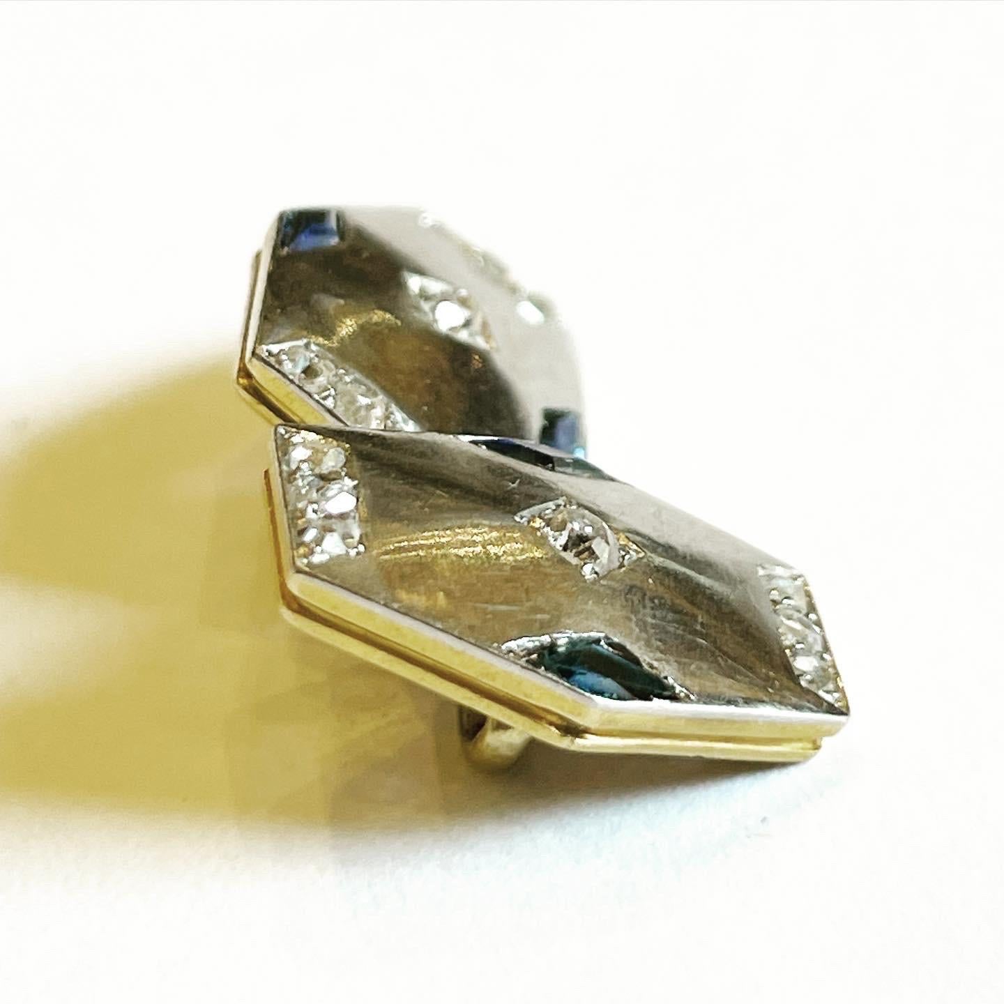 Art Deco Hexagonal Rose Cut Diamonds Sapphire Platinum Yellow Gold Cufflinks In Good Condition For Sale In Pamplona, Navarra