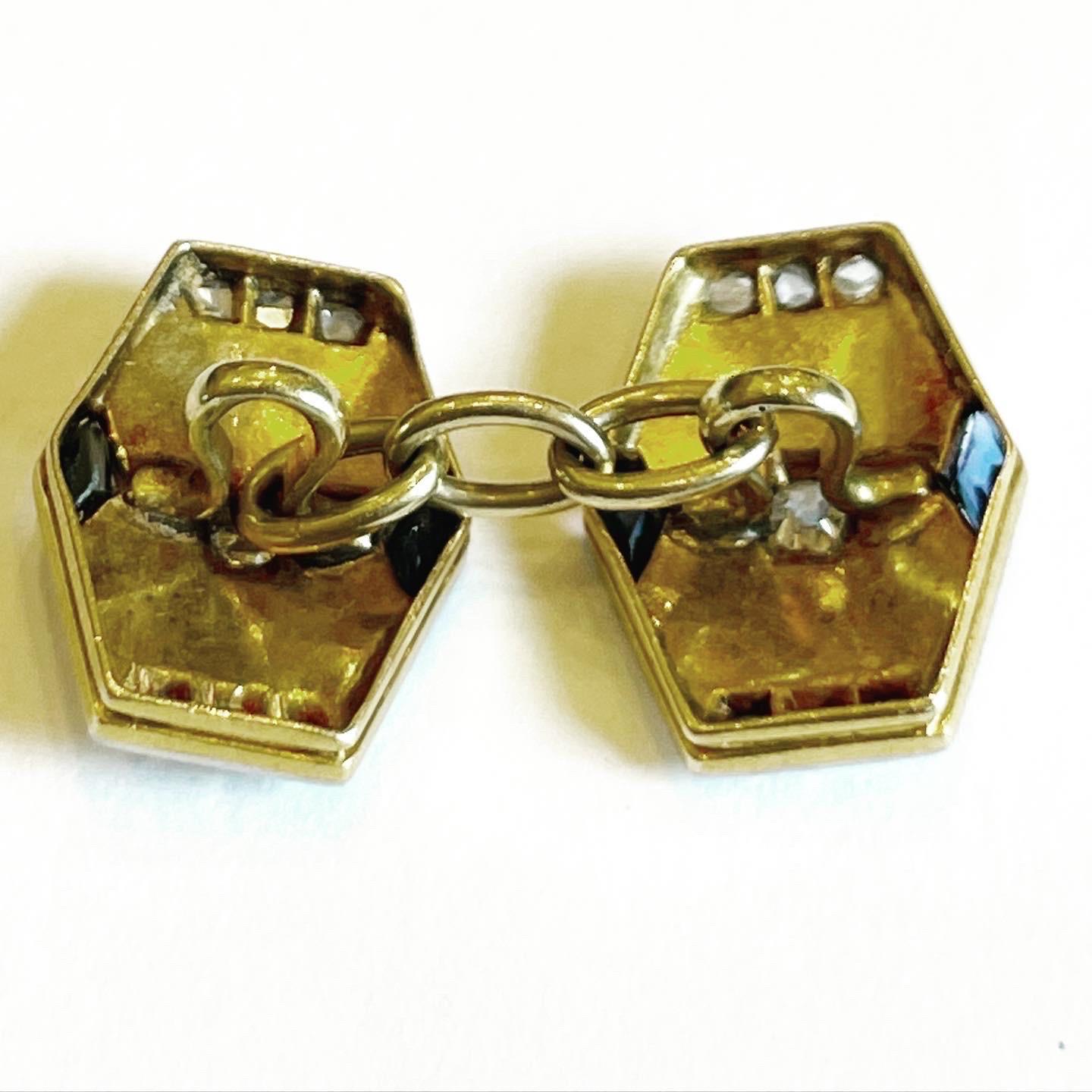 Art Deco Hexagonal Rose Cut Diamonds Sapphire Platinum Yellow Gold Cufflinks For Sale 1