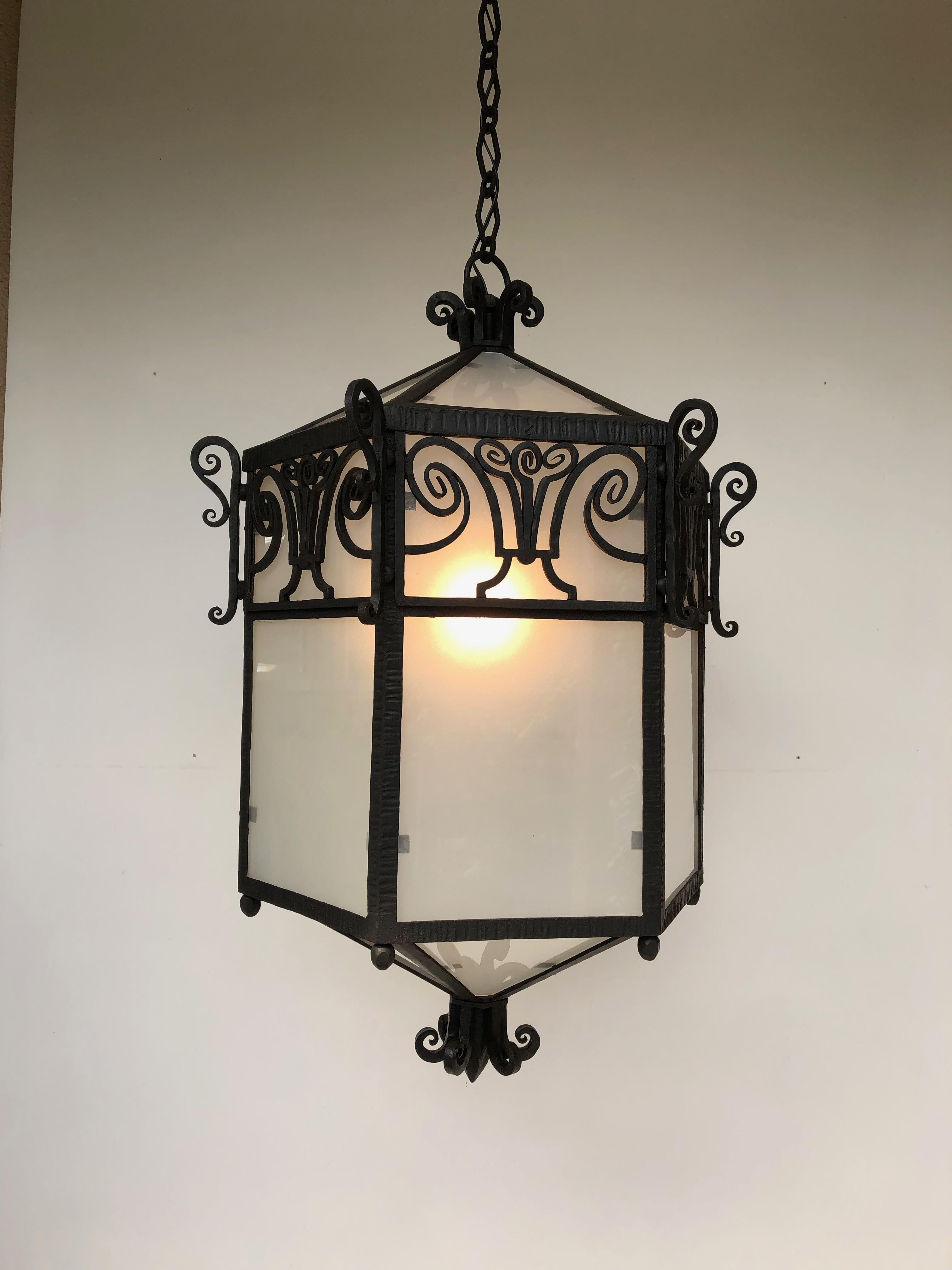 Art Deco Hexagonal Wrought Iron Lantern For Sale 7