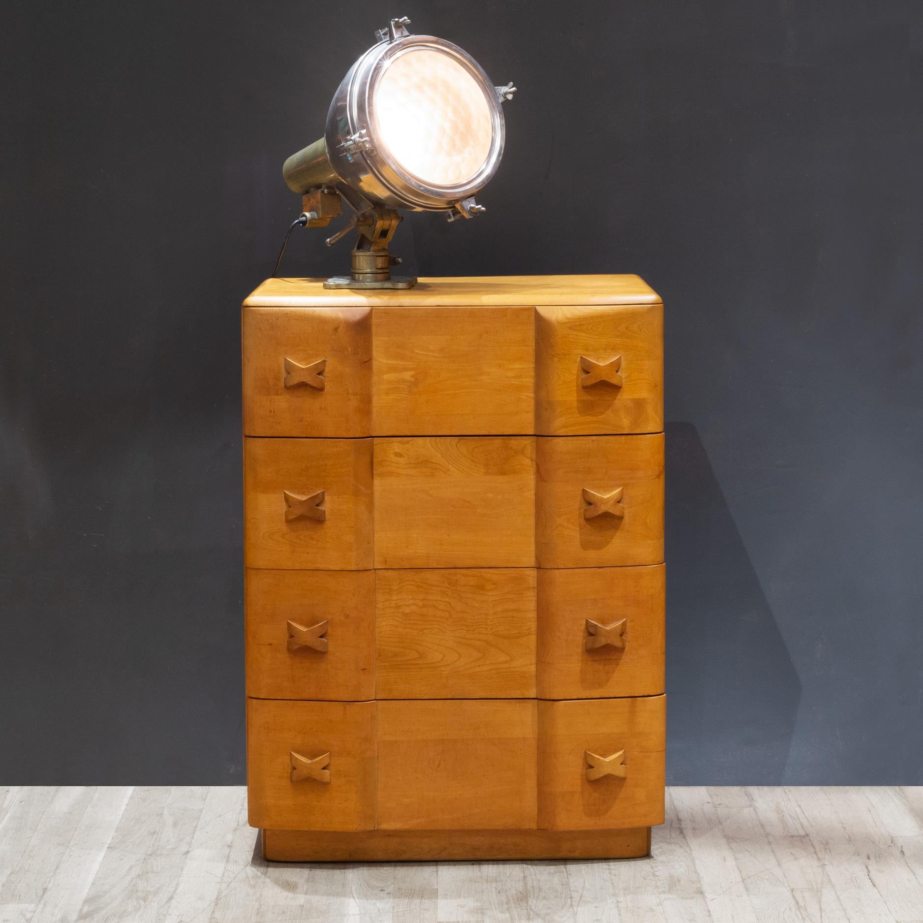 ABOUT

A solid Maple, Art Deco four drawer highboy dresser with large drawers for ample storage. 

    CREATOR Designed by Leo Jiranek for Heywood Wakefield. 
    DATE OF MANUFACTURE c.1940.
    MATERIALS AND TECHNIQUES Solid Maple. 
    CONDITION