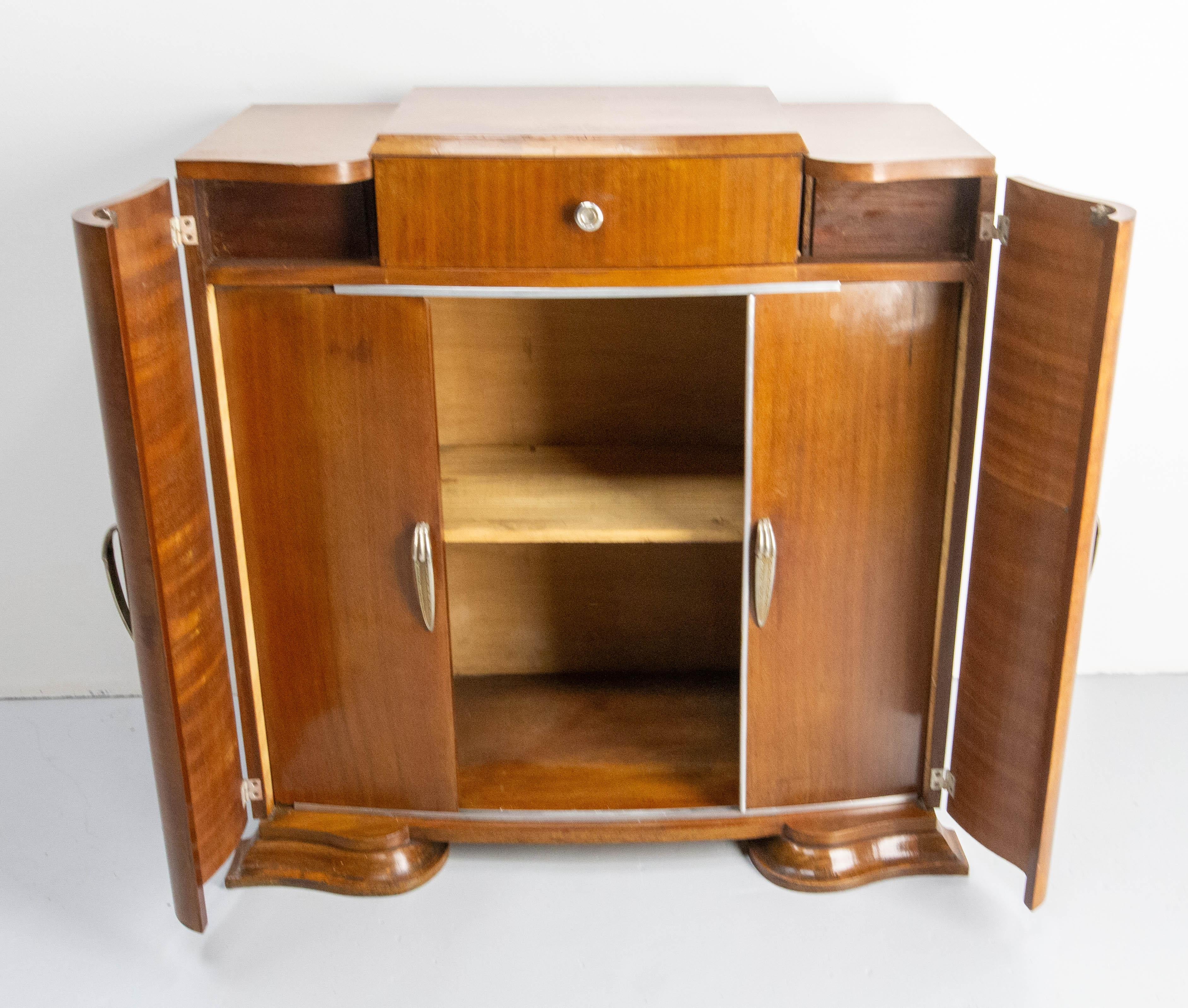 French Art Deco Hi Fi Bar Cocktail Cabinet, Burr Exotic Wood & Chrome France, c. 1930