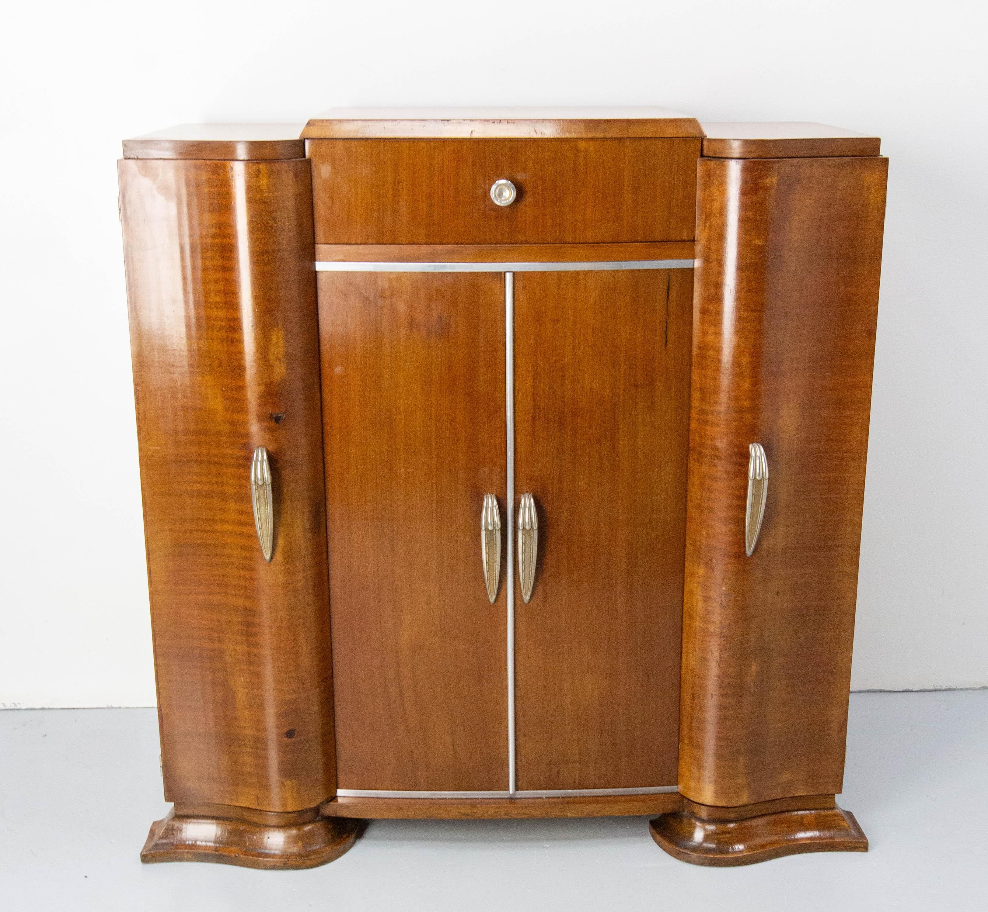 Art Deco Hi Fi Bar Cocktail Cabinet, Burr Exotic Wood & Chrome France, c. 1930 3