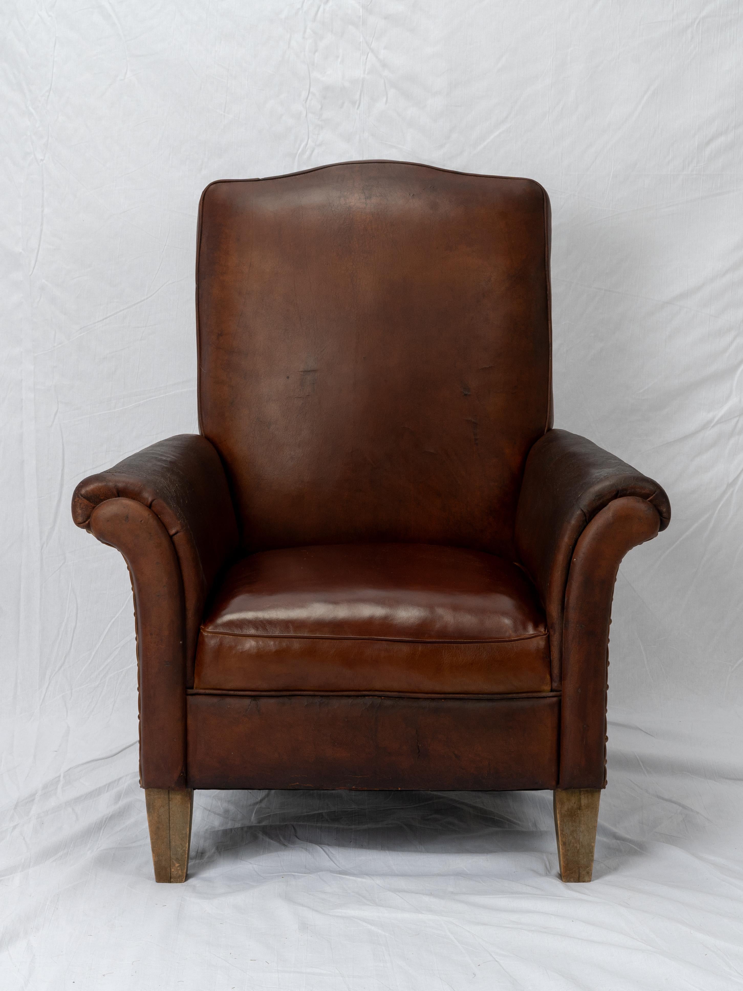 Art Deco High Back French Leather Club Chair In Good Condition For Sale In Fort Collins, CO