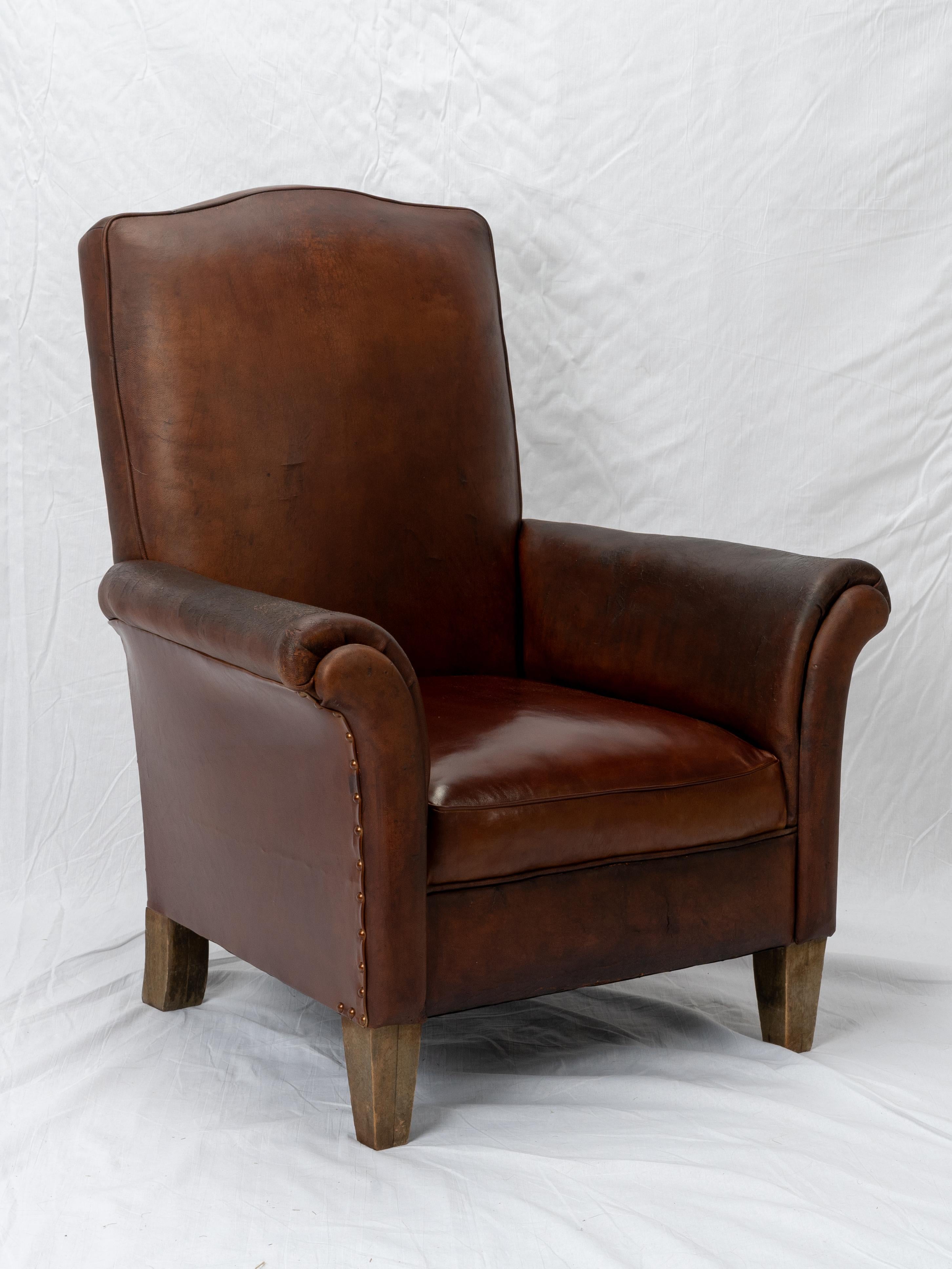 19th Century Art Deco High Back French Leather Club Chair For Sale