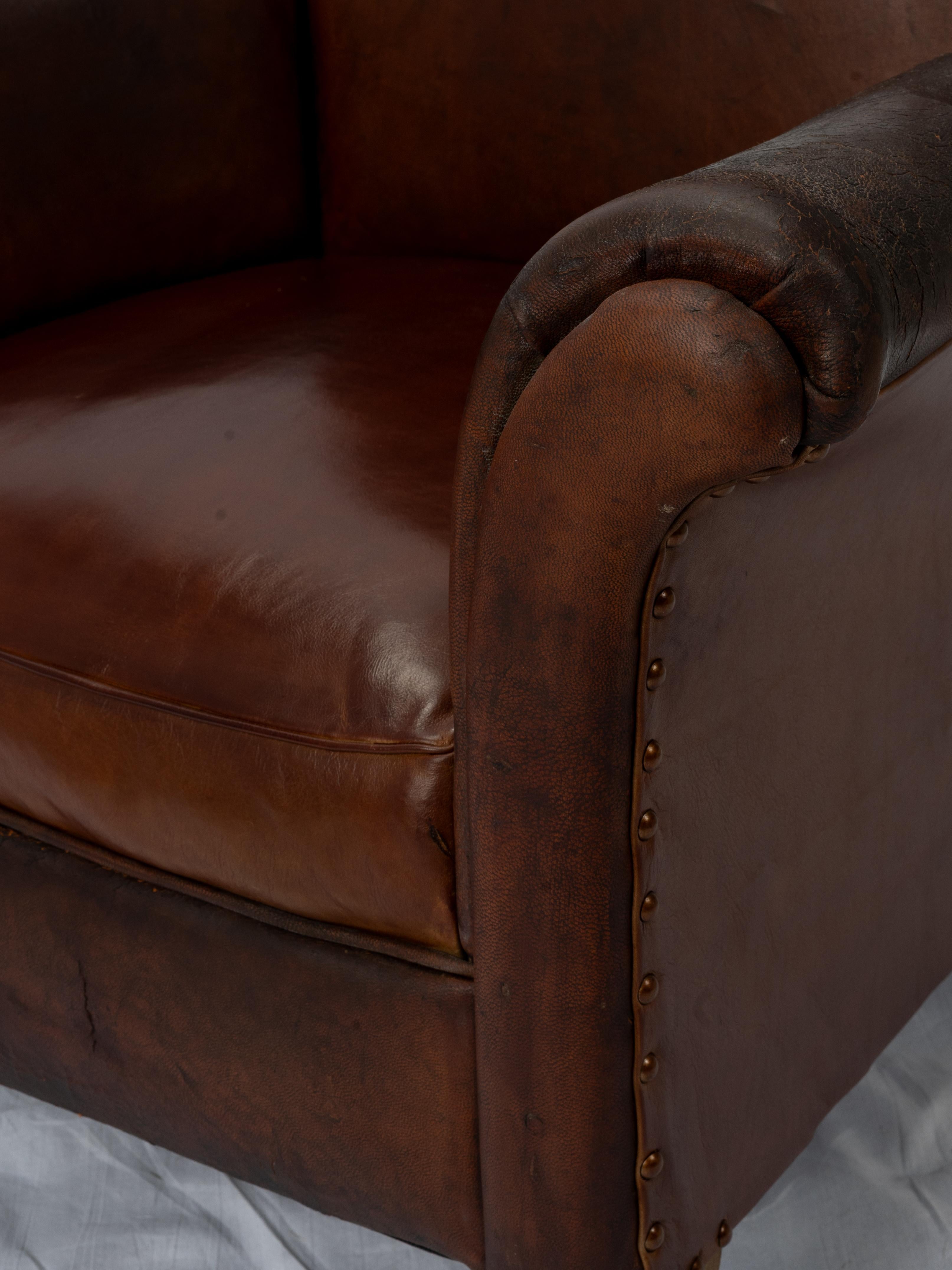 Art Deco High Back French Leather Club Chair For Sale 1