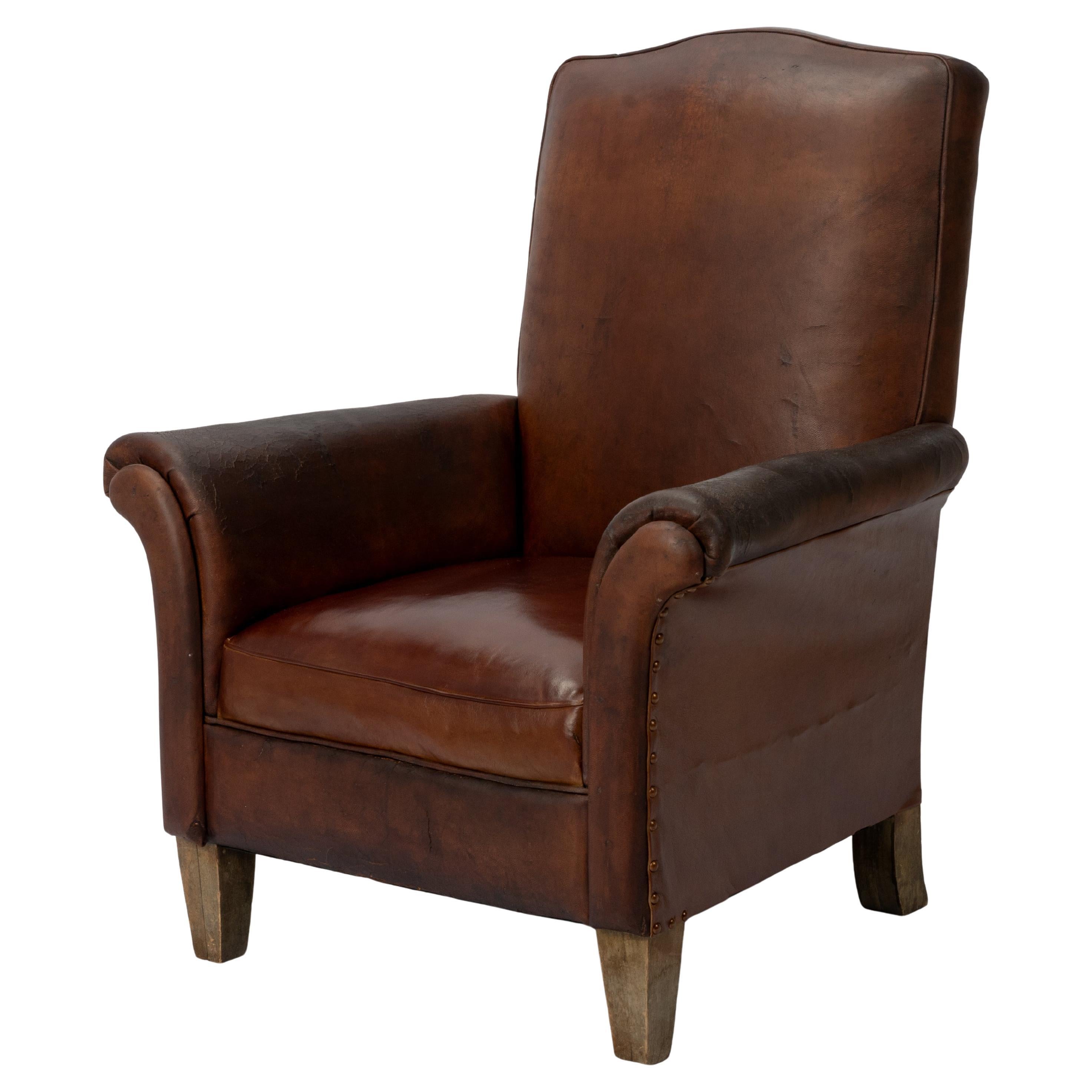 Art Deco High Back French Leather Club Chair