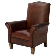 Antique Art Deco High Back French Leather Club Chair