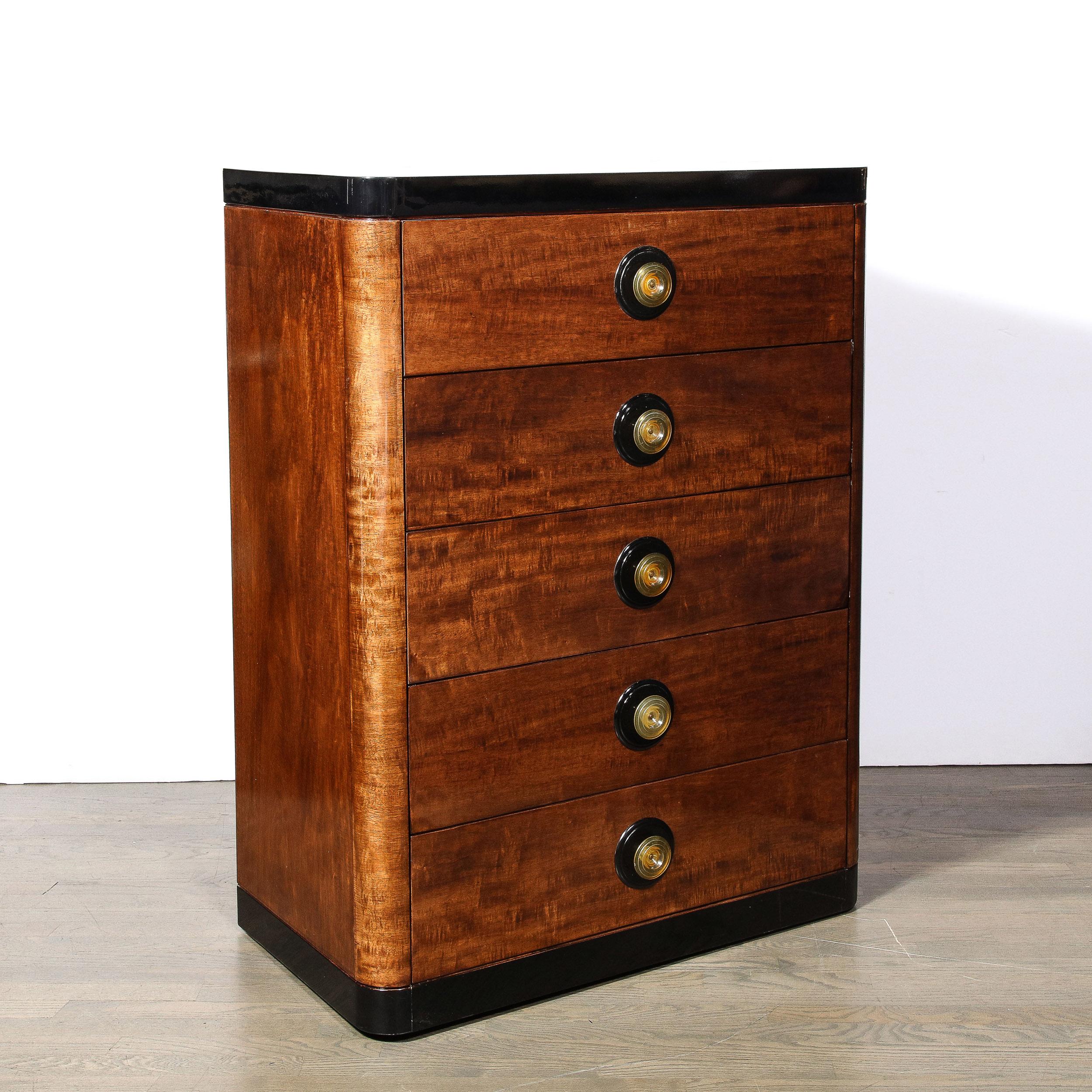 Art Deco High Chest in Book-matched & Burled Walnut w/ Amber Bakelite Pulls In Excellent Condition In New York, NY