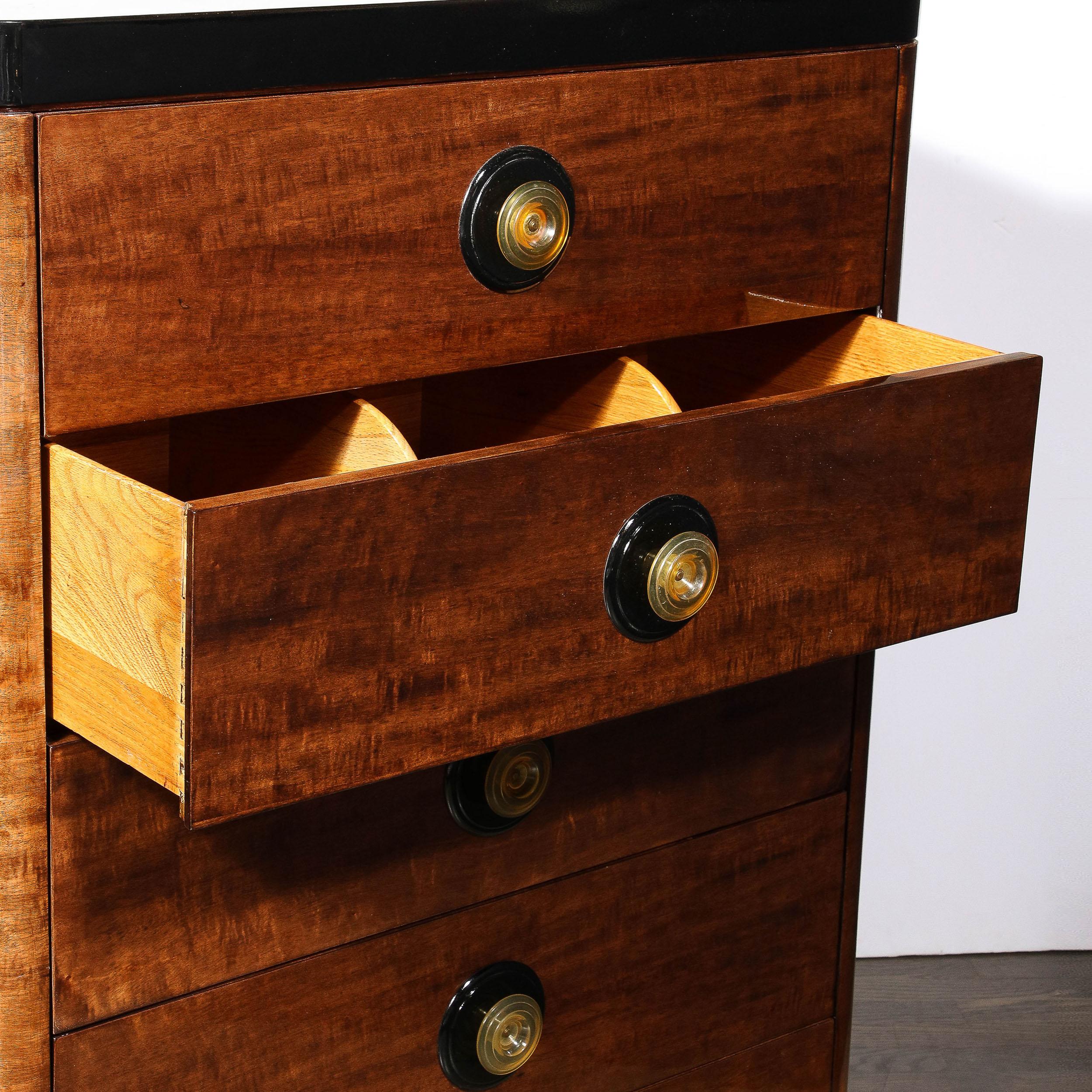 Mid-20th Century Art Deco High Chest in Book-matched & Burled Walnut w/ Amber Bakelite Pulls