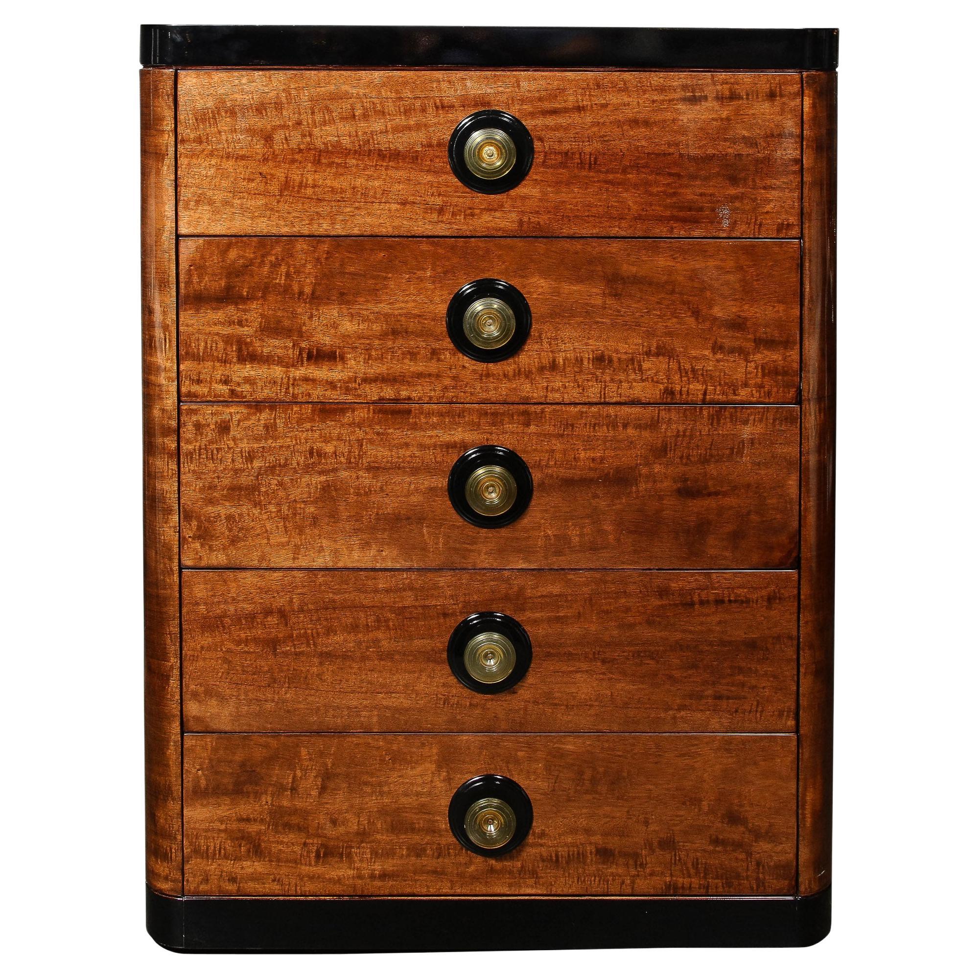 Art Deco High Chest in Book-matched & Burled Walnut w/ Amber Bakelite Pulls