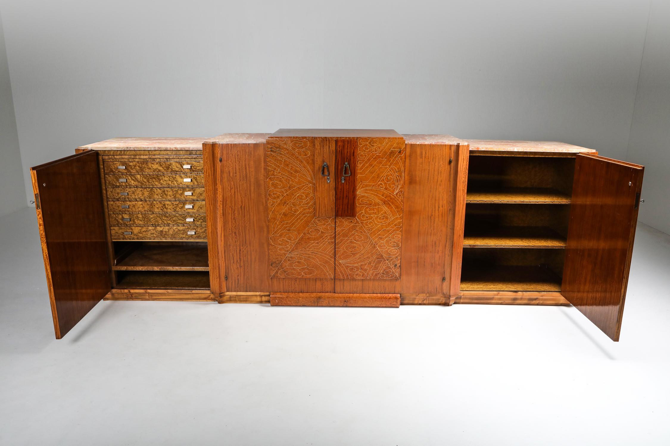Art Deco High-End Credenza, mahogany, burl, loupe d'amboine and marble, 1930's 4