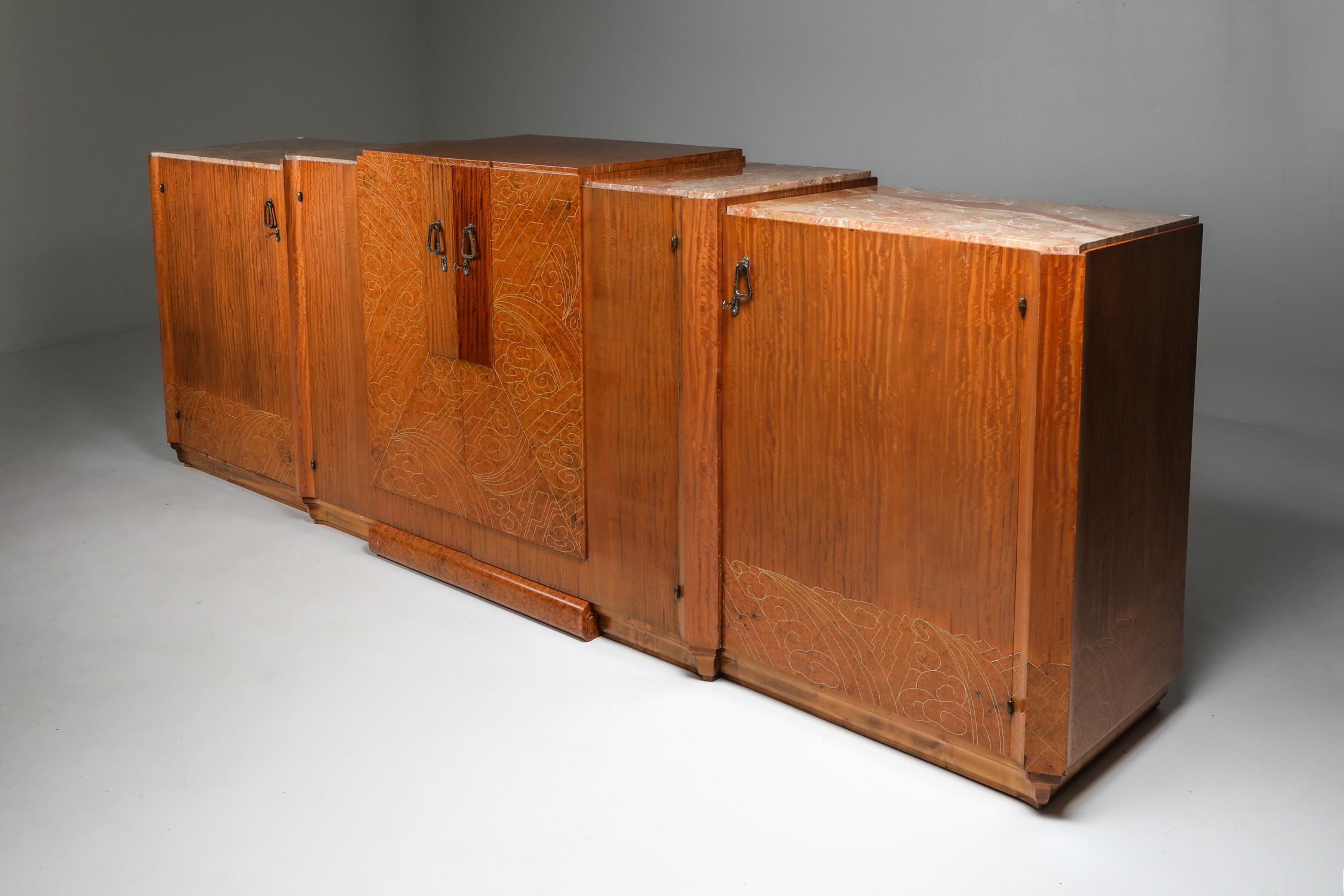 Marble Art Deco High-End Credenza, mahogany, burl, loupe d'amboine and marble, 1930's