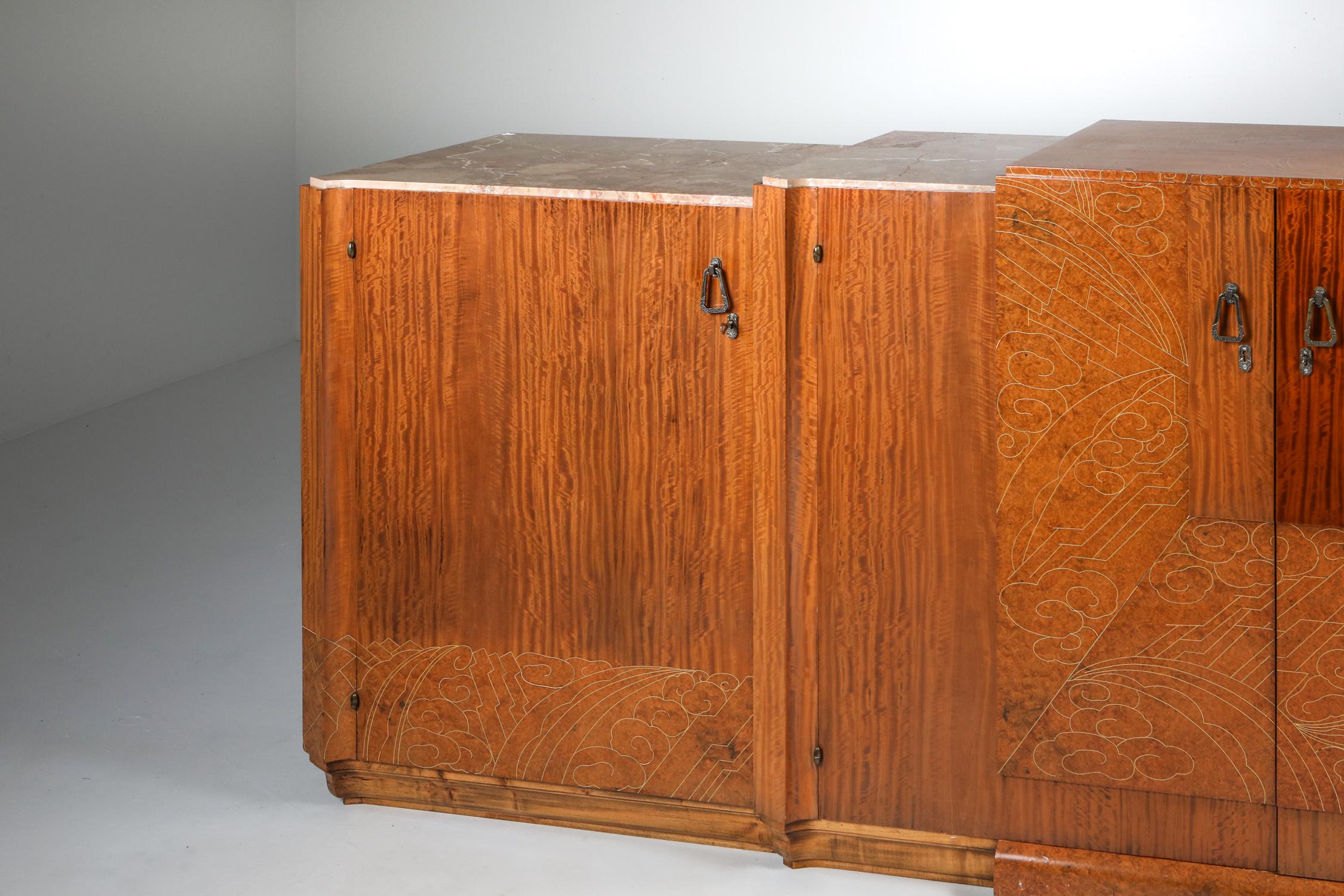 Art Deco High-End Credenza, mahogany, burl, loupe d'amboine and marble, 1930's 1